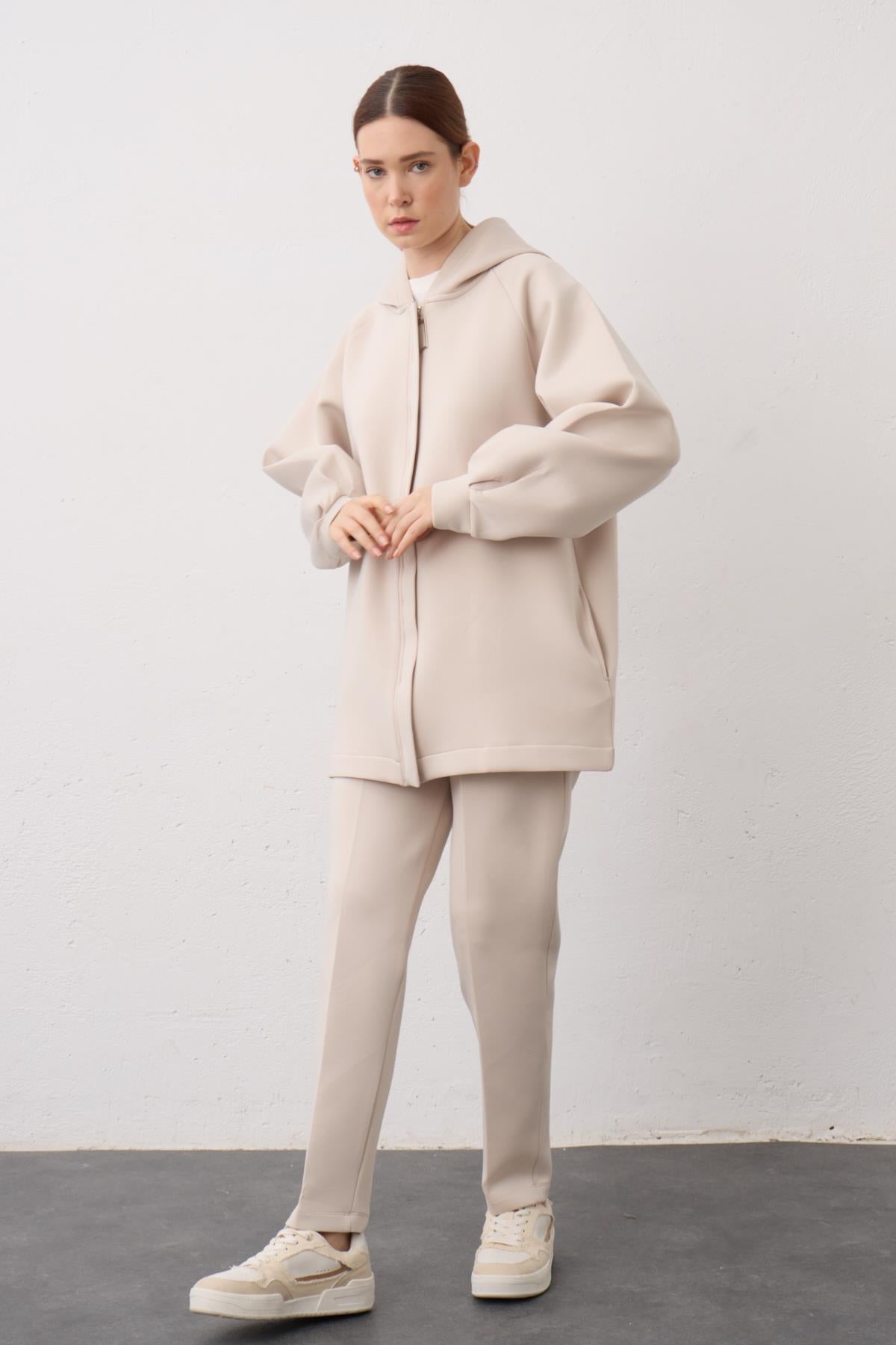 BEJ Kapüşonlu Fermuarlı Scuba Alt Üst Takım