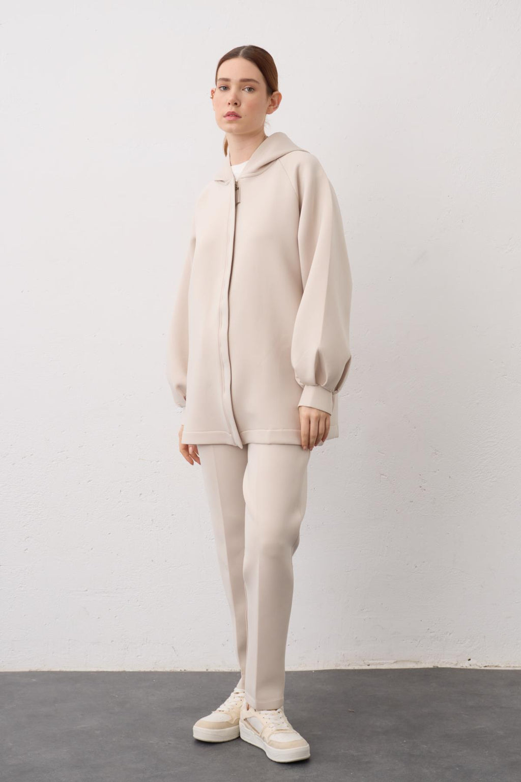 BEJ Kapüşonlu Fermuarlı Scuba Alt Üst Takım