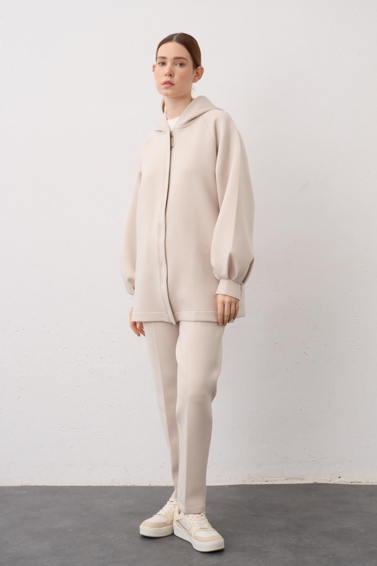 BEJ Kapüşonlu Fermuarlı Scuba Alt Üst Takım