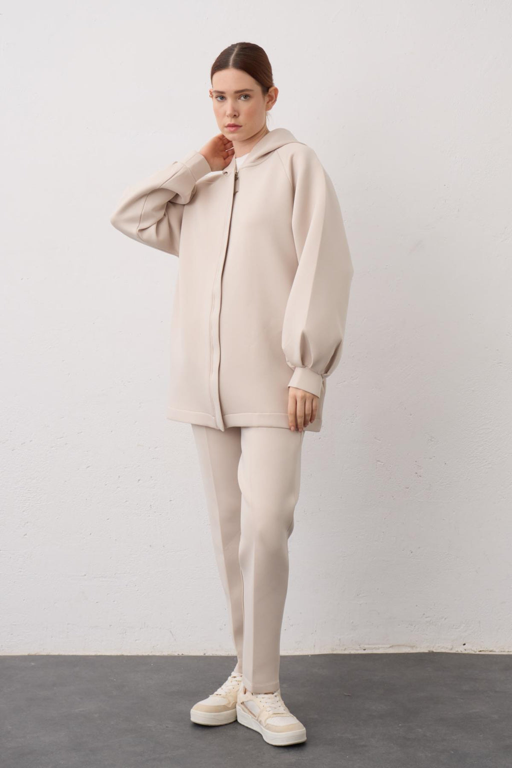 BEJ Kapüşonlu Fermuarlı Scuba Alt Üst Takım