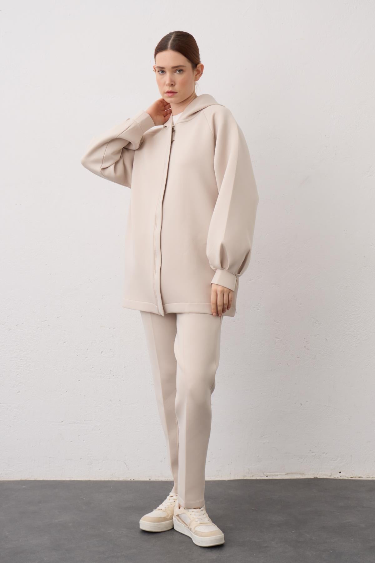 BEJ Kapüşonlu Fermuarlı Scuba Alt Üst Takım