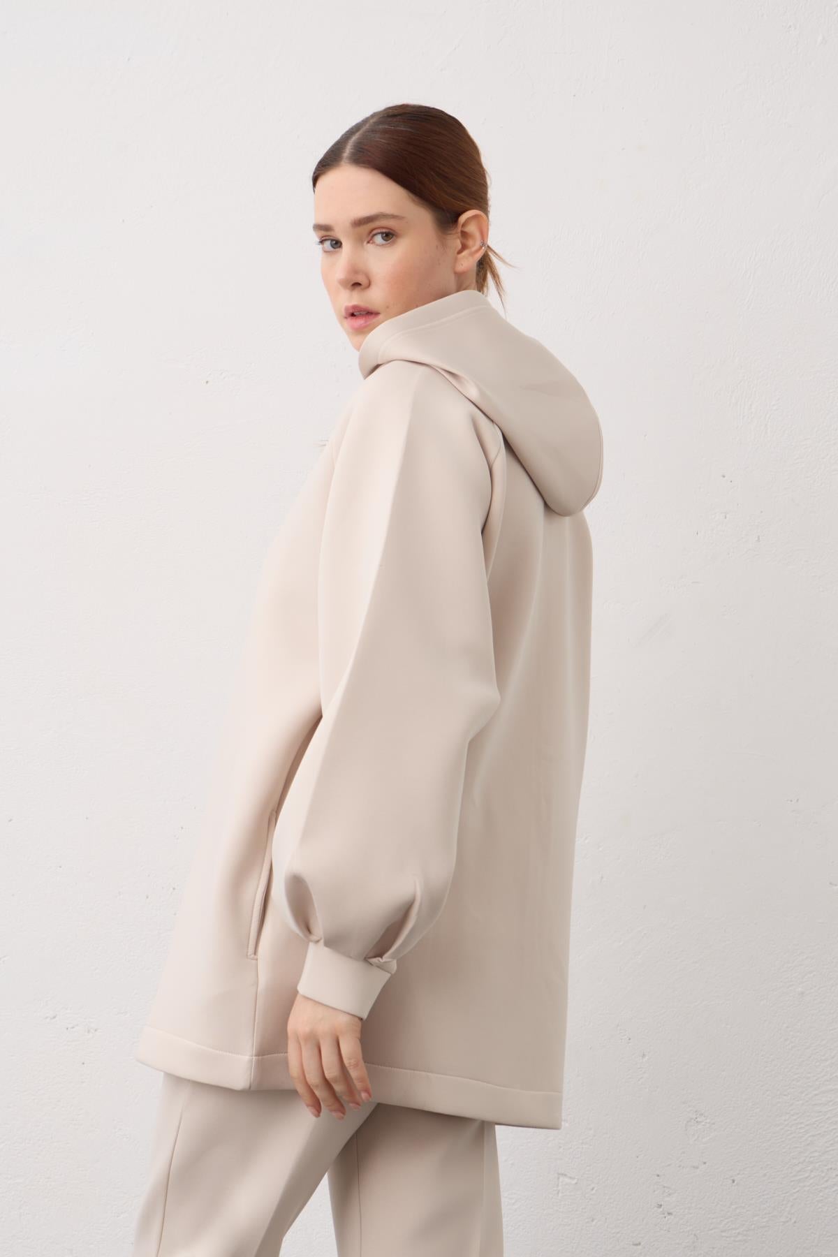 BEJ Kapüşonlu Fermuarlı Scuba Alt Üst Takım