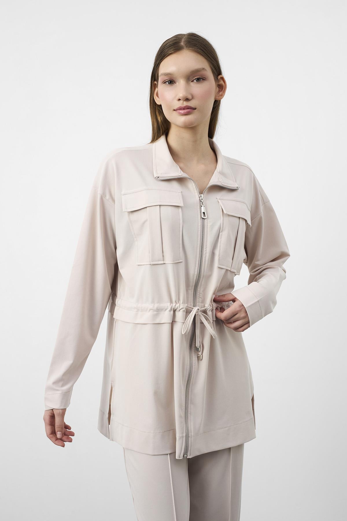 BEJ Tencel Akışkan Doku Beli Ayarlanabilir Ön Dikişli Ceket Pantolon Takım
