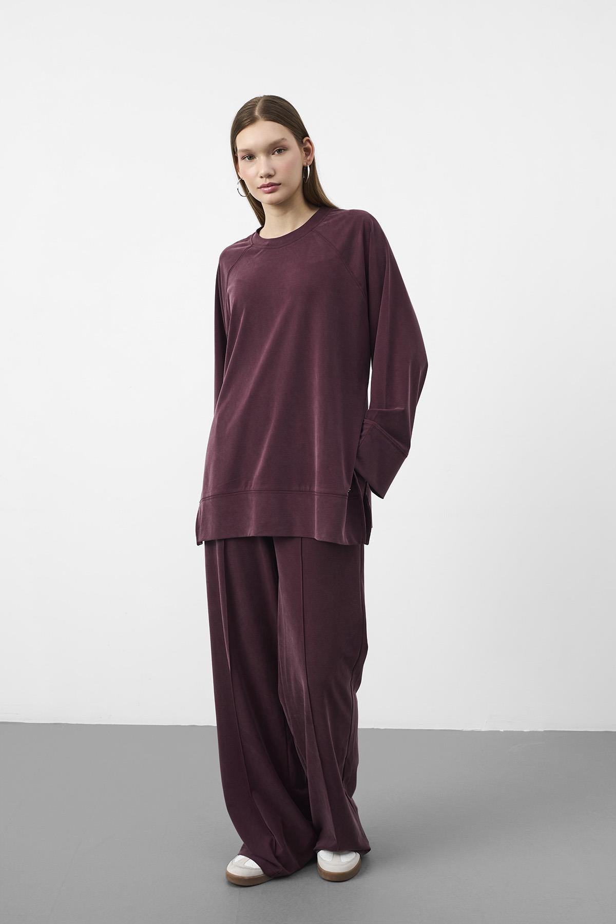 Bordo Oversize Kalıp Tencel Dokulu Relax Fit Premium Takım