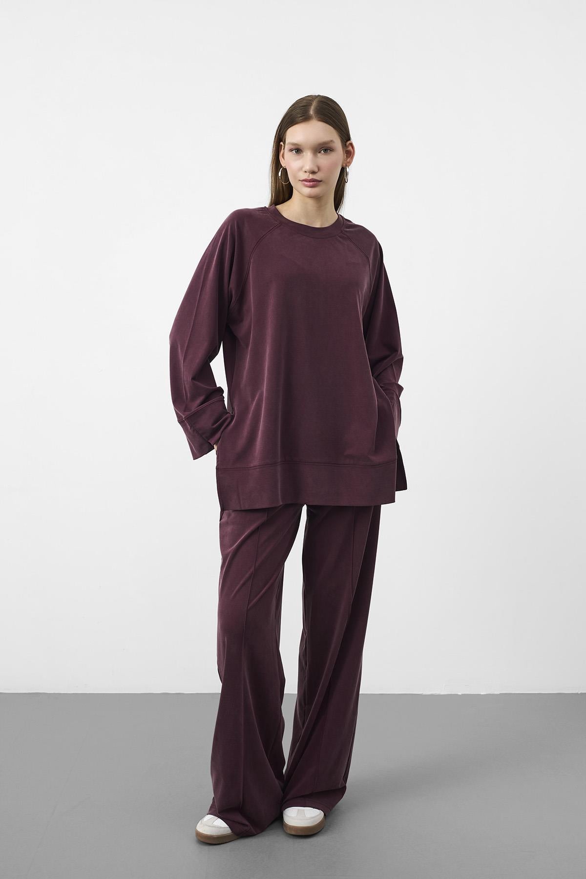 Bordo Oversize Kalıp Tencel Dokulu Relax Fit Premium Takım