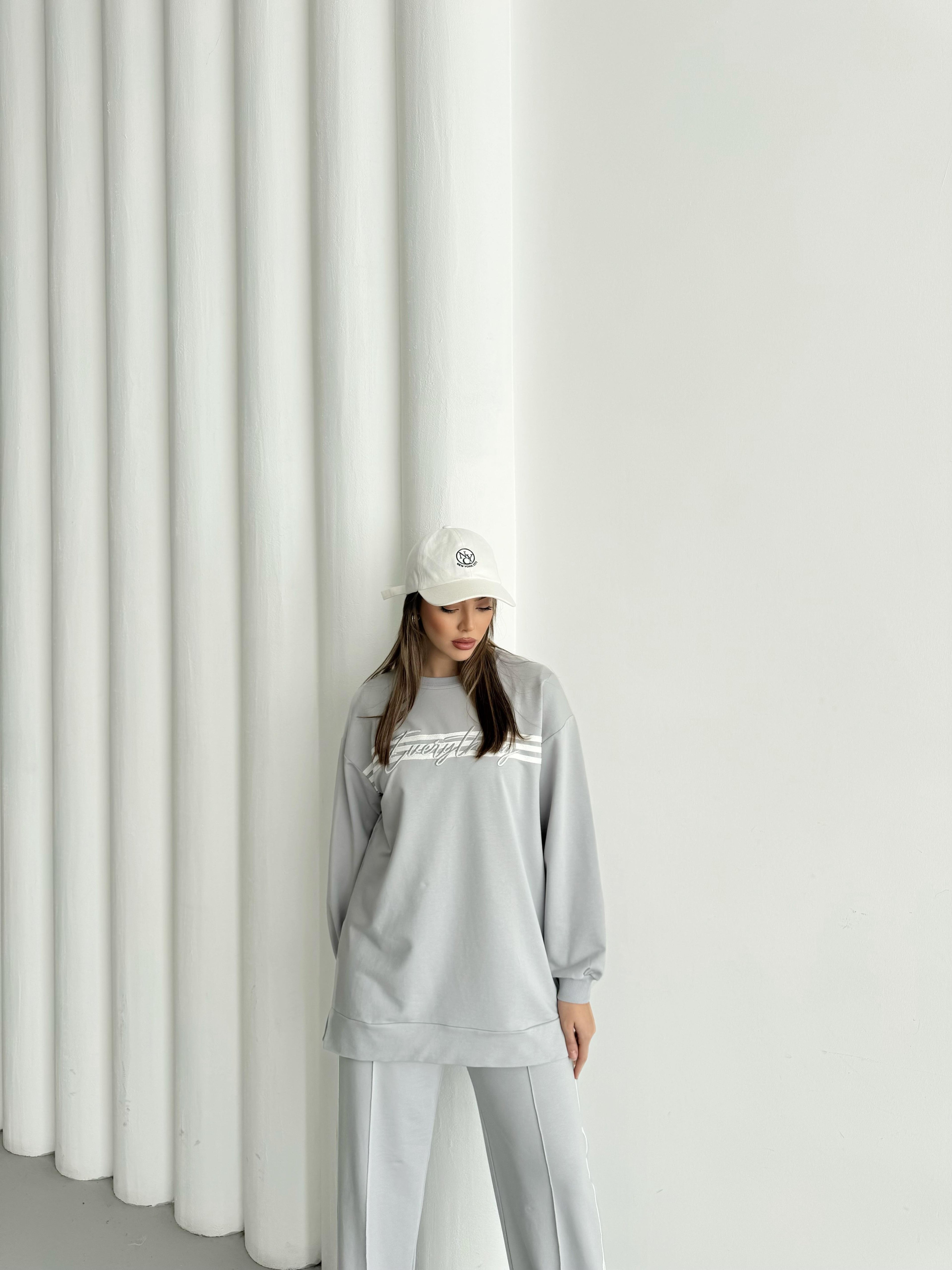 Boyalı Gri Kadın Bisiklet Yaka Nakışlı Şerit Detaylı Pamuklu Örme Alt Üst Takım