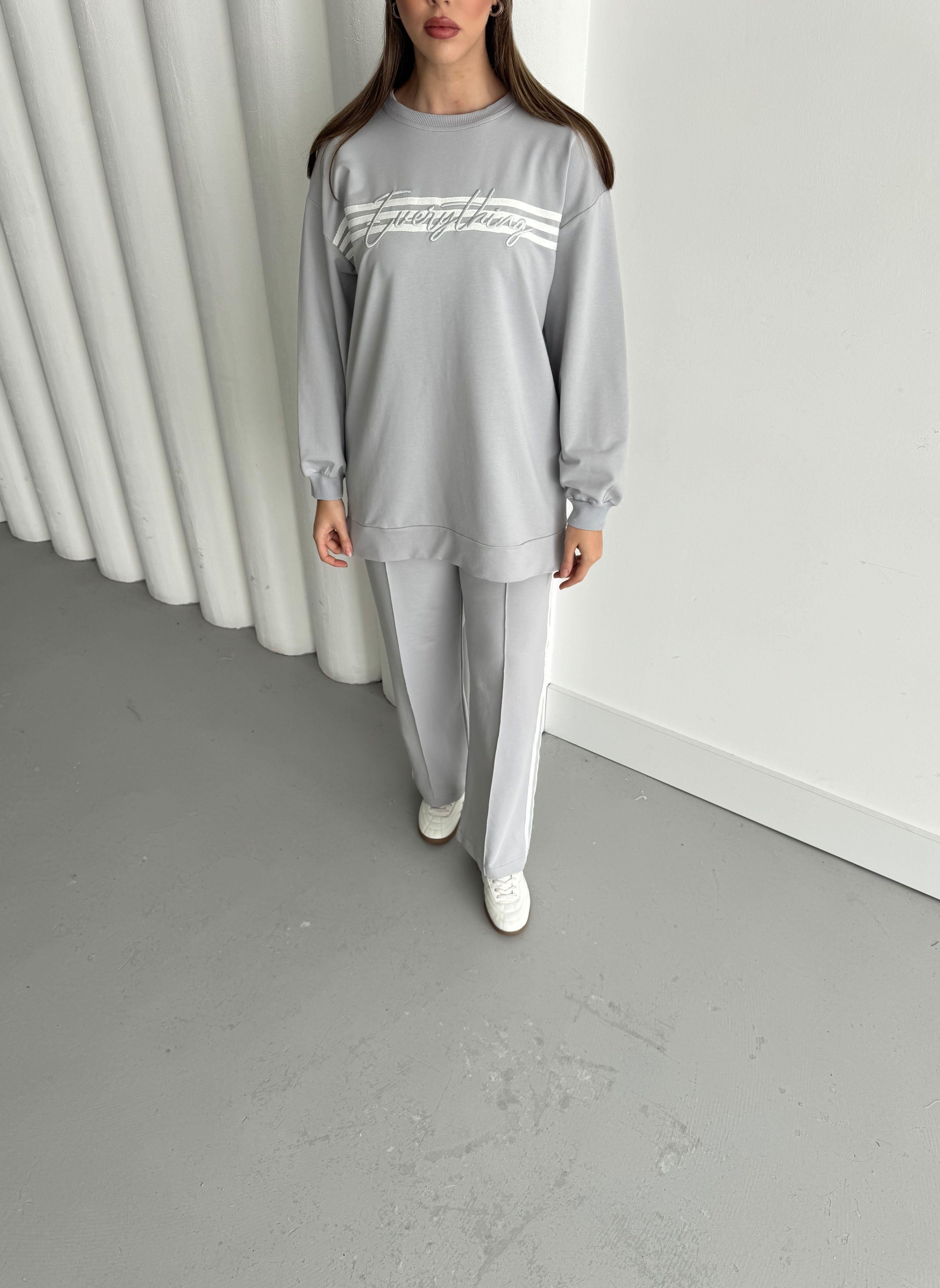 Boyalı Gri Kadın Bisiklet Yaka Nakışlı Şerit Detaylı Pamuklu Örme Alt Üst Takım