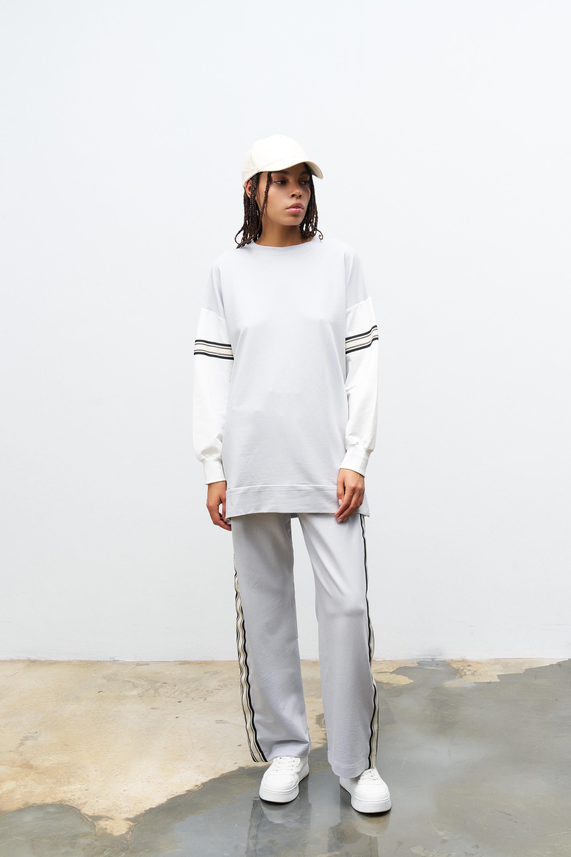 Boyalı Gri Kadın Bol Paça Bel Lastikli Şerit Detaylı  Pamuklu  Örme Alt Üst Takım