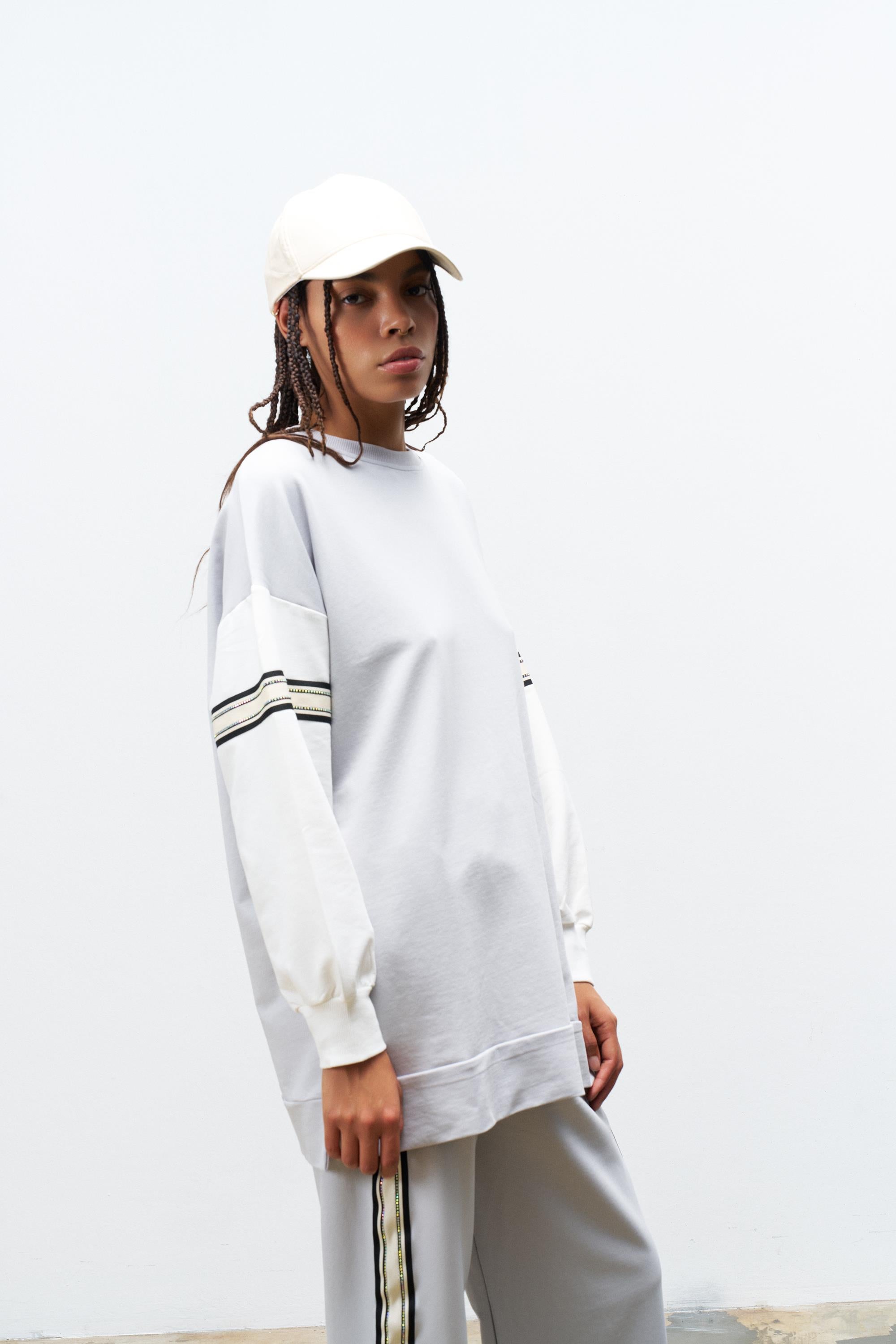 Boyalı Gri Kadın Bol Paça Bel Lastikli Şerit Detaylı  Pamuklu  Örme Alt Üst Takım