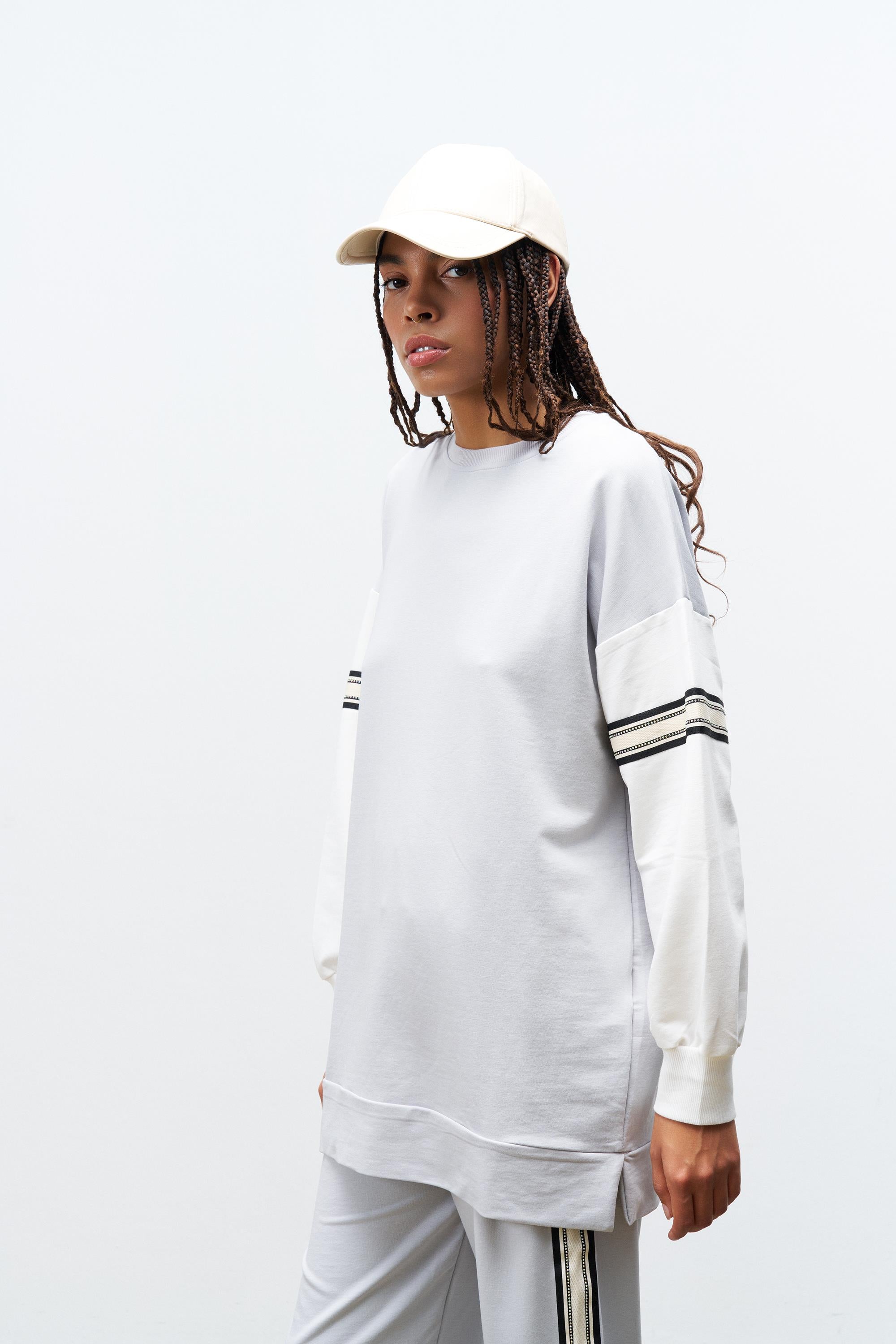 Boyalı Gri Kadın Bol Paça Bel Lastikli Şerit Detaylı  Pamuklu  Örme Alt Üst Takım