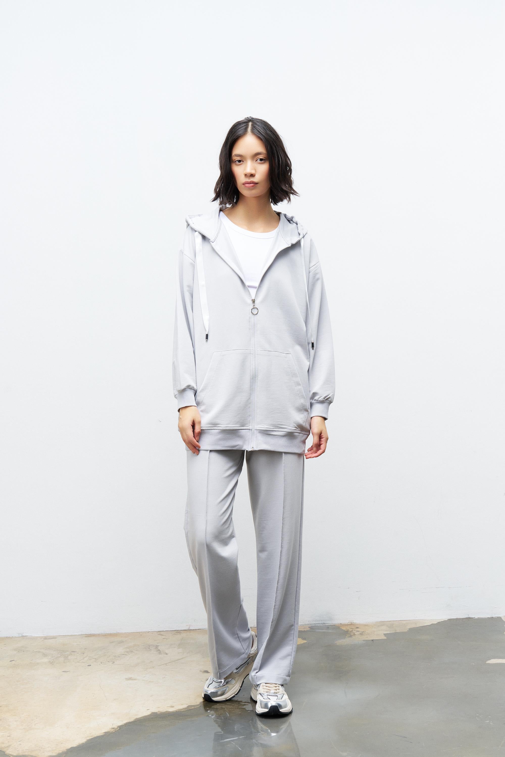 Boyalı Gri Kadın Cep Detaylı Fermuar Kapamalı Kapüşonlu Alt Üst Pamuklu Örme Takım