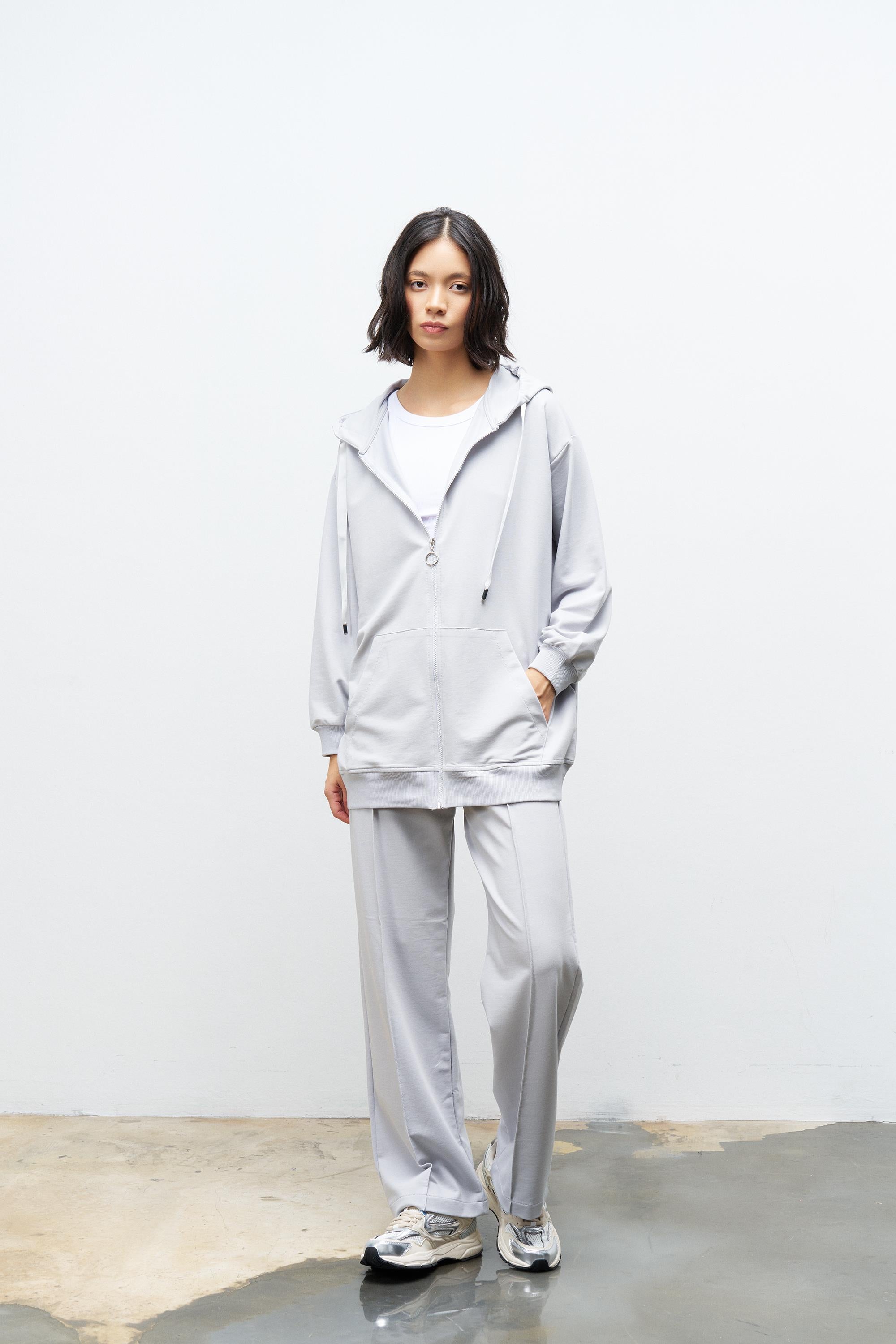 Boyalı Gri Kadın Cep Detaylı Fermuar Kapamalı Kapüşonlu Alt Üst Pamuklu Örme Takım