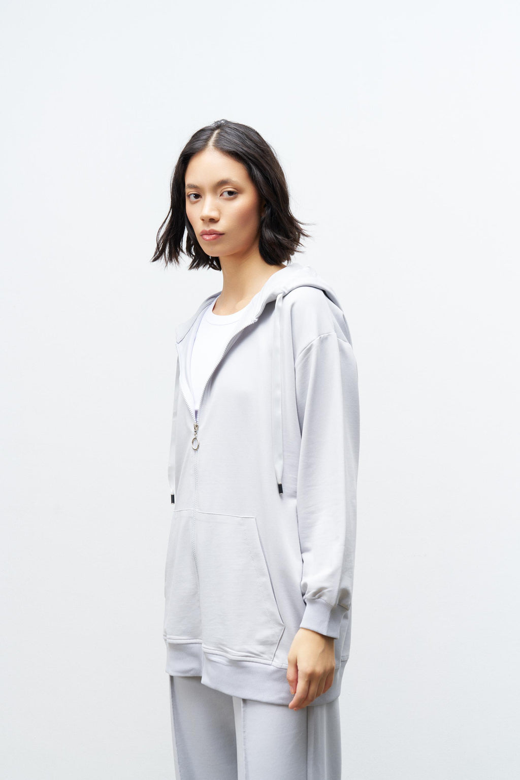 Boyalı Gri Kadın Cep Detaylı Fermuar Kapamalı Kapüşonlu Alt Üst Pamuklu Örme Takım