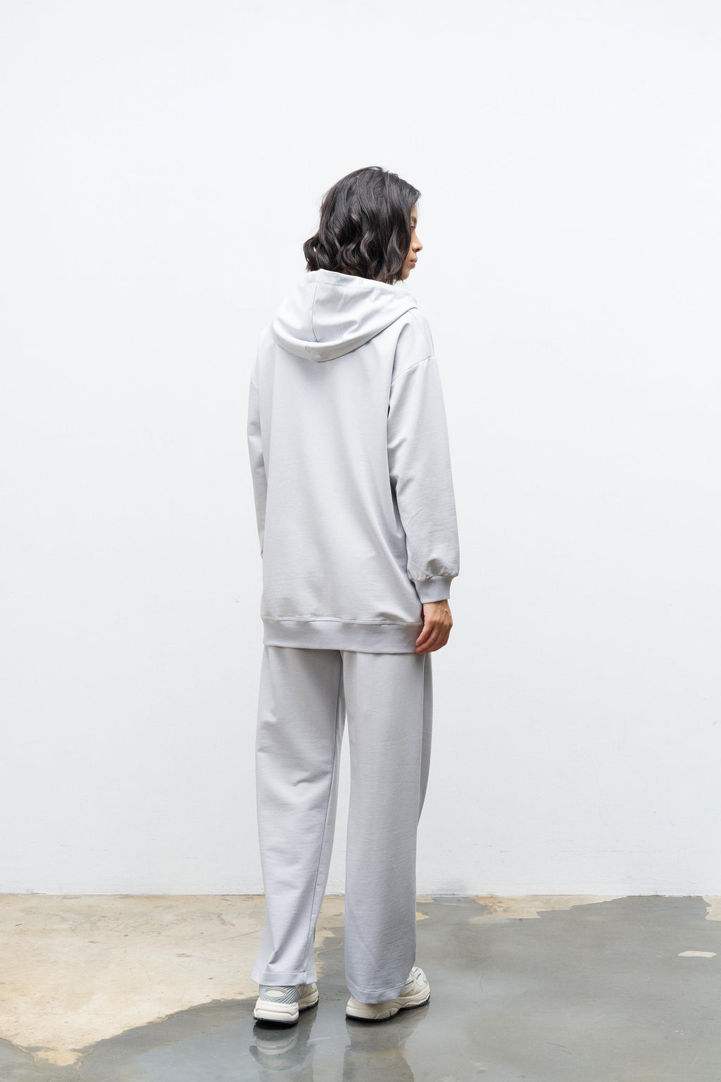 Boyalı Gri Kadın Cep Detaylı Fermuar Kapamalı Kapüşonlu Alt Üst Pamuklu Örme Takım