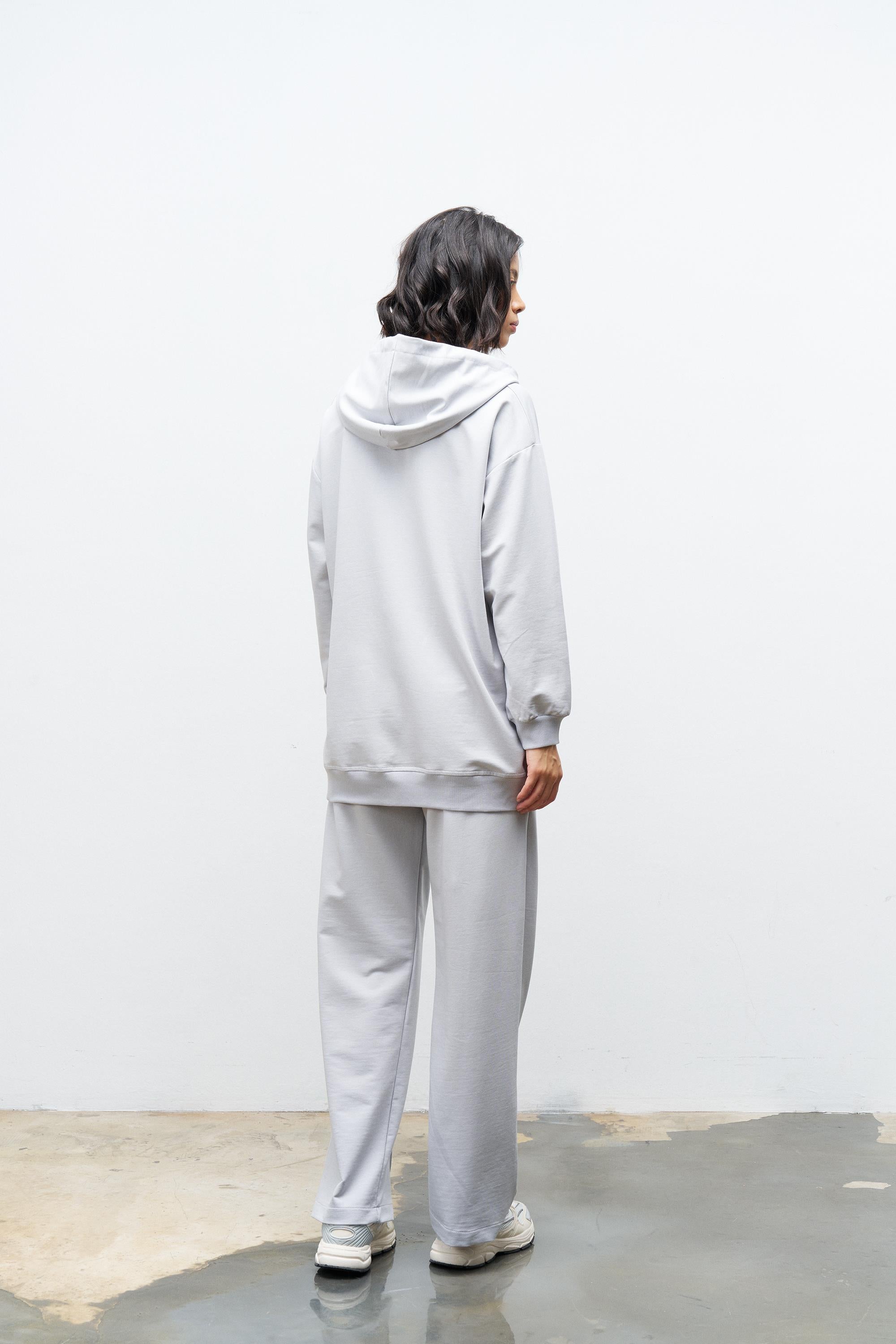 Boyalı Gri Kadın Cep Detaylı Fermuar Kapamalı Kapüşonlu Alt Üst Pamuklu Örme Takım