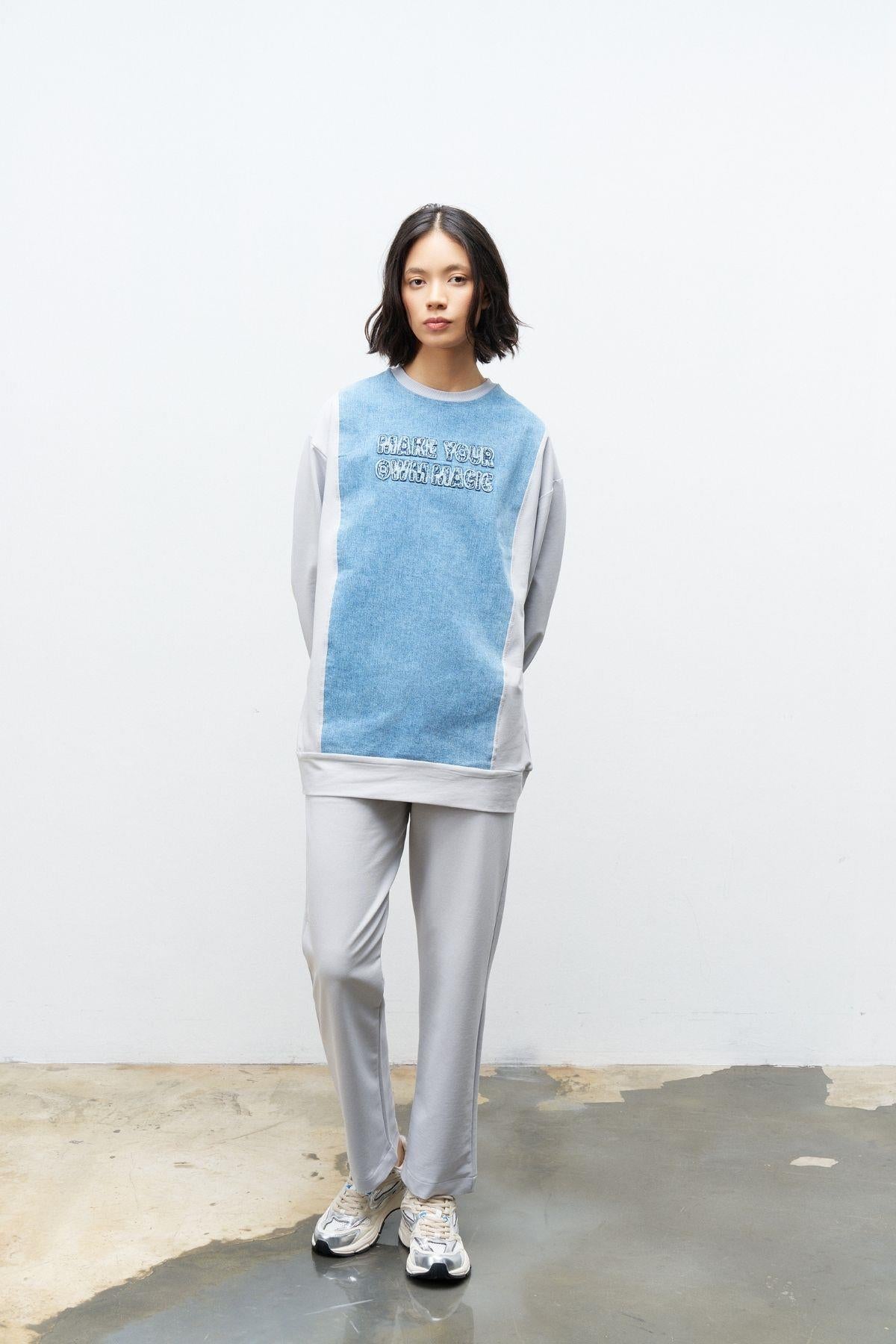 Boyalı Gri Kadın Denim Üzeri Nakış İşlemeli Bisiklet Yaka Sweatshirt  Dar Paça Pantolon Pamuklu Örme Alt Üst Takım