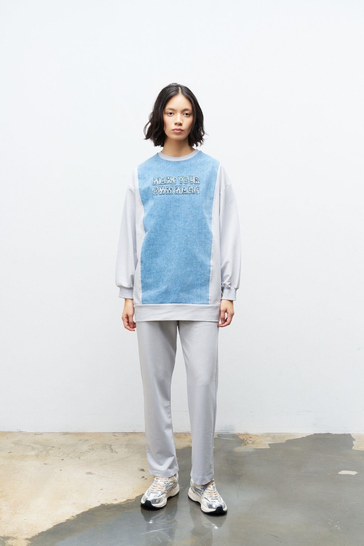 Boyalı Gri Kadın Denim Üzeri Nakış İşlemeli Bisiklet Yaka Sweatshirt  Dar Paça Pantolon Pamuklu Örme Alt Üst Takım