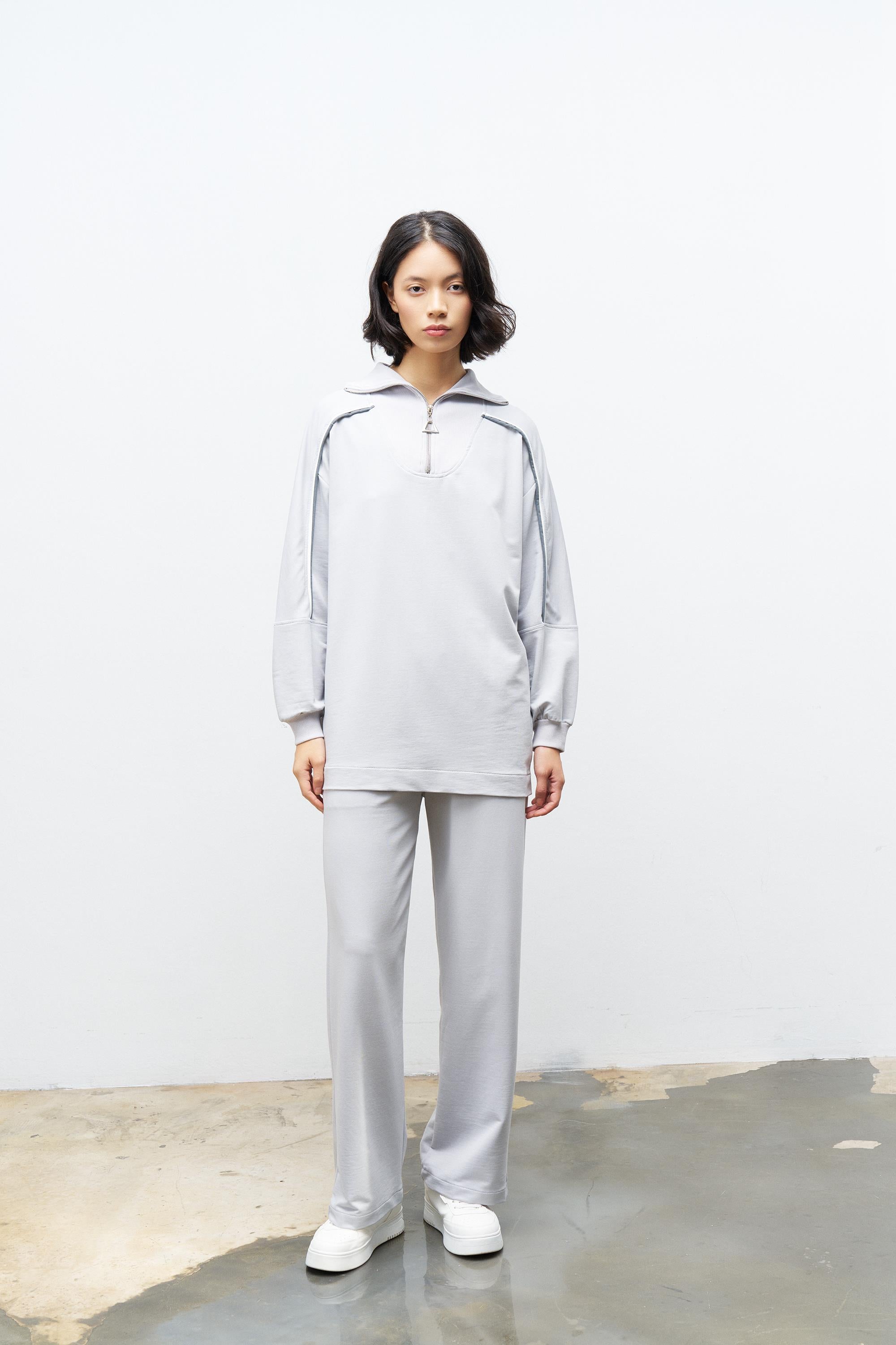 Boyalı Gri Kadın Dik Yaka Yarım Fermuarlı Bol Paça Pamuklu Örme Alt Üst Takım