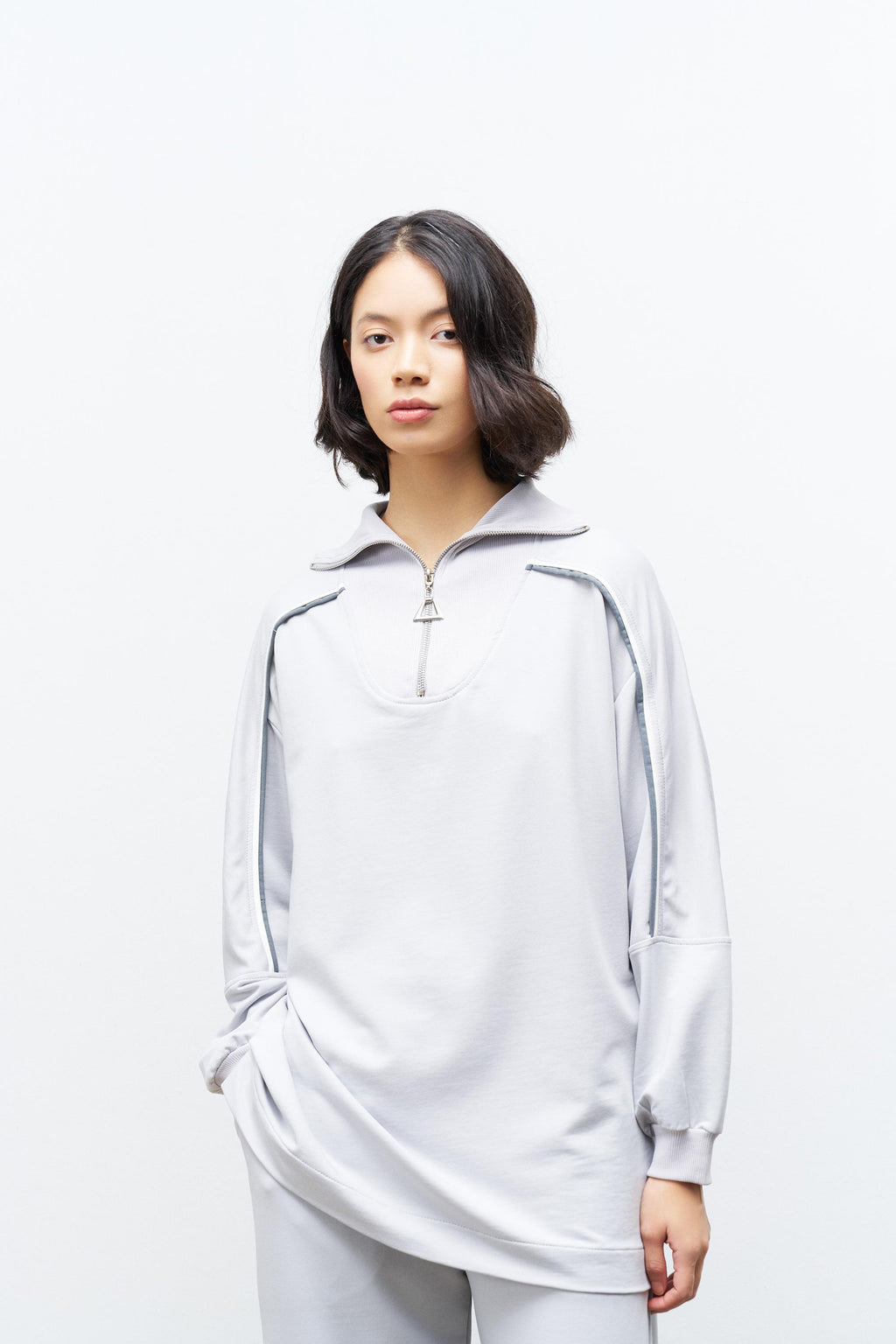 Boyalı Gri Kadın Dik Yaka Yarım Fermuarlı Bol Paça Pamuklu Örme Alt Üst Takım