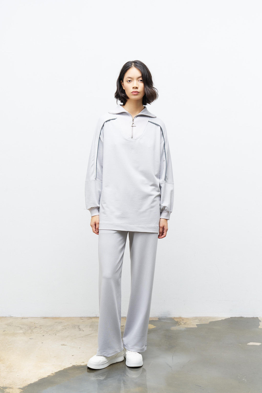 Boyalı Gri Kadın Dik Yaka Yarım Fermuarlı Bol Paça Pamuklu Örme Alt Üst Takım