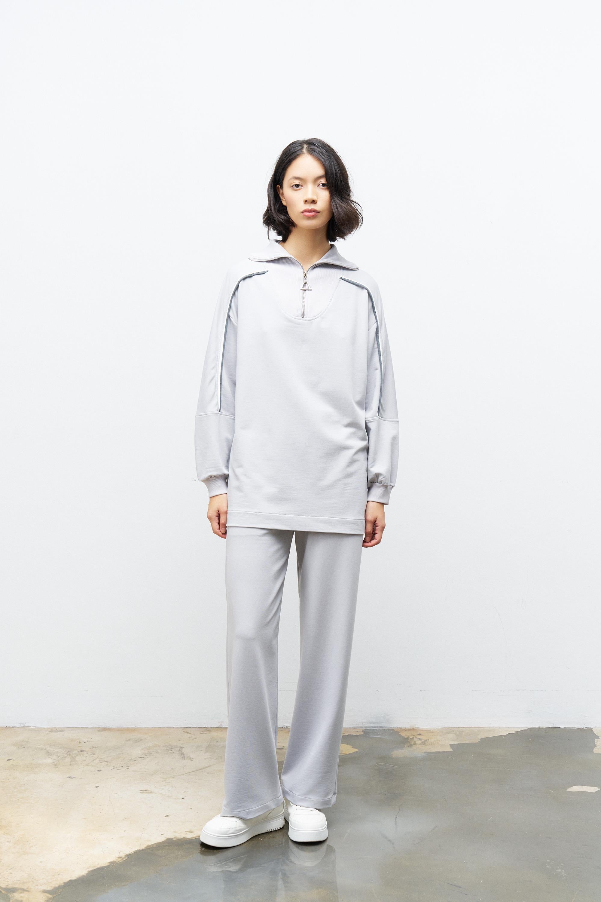 Boyalı Gri Kadın Dik Yaka Yarım Fermuarlı Bol Paça Pamuklu Örme Alt Üst Takım