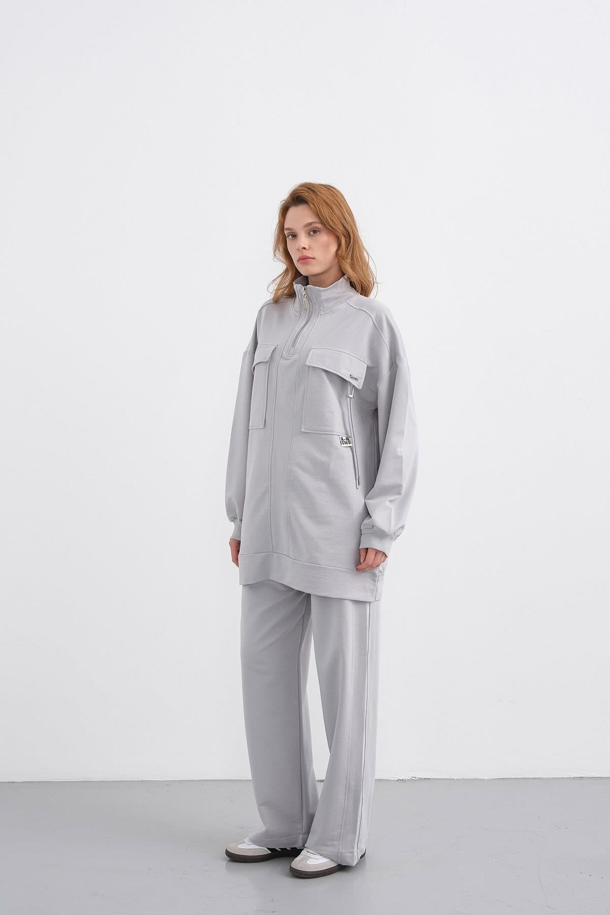 Boyalı Gri Kadın Dik Yaka Yarım Fermuarlı Cep Detaylı Bol Paça Örme Alt-Üst Takım