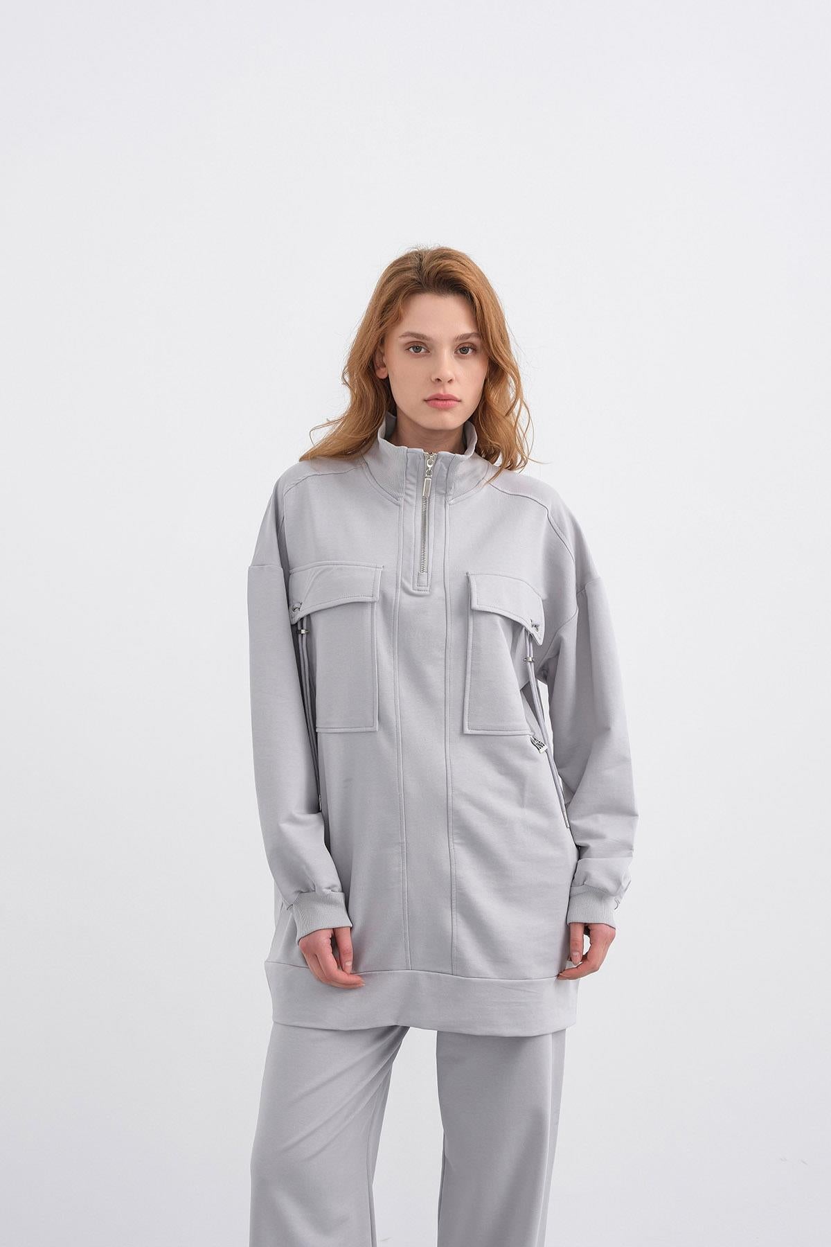 Boyalı Gri Kadın Dik Yaka Yarım Fermuarlı Cep Detaylı Bol Paça Örme Alt-Üst Takım