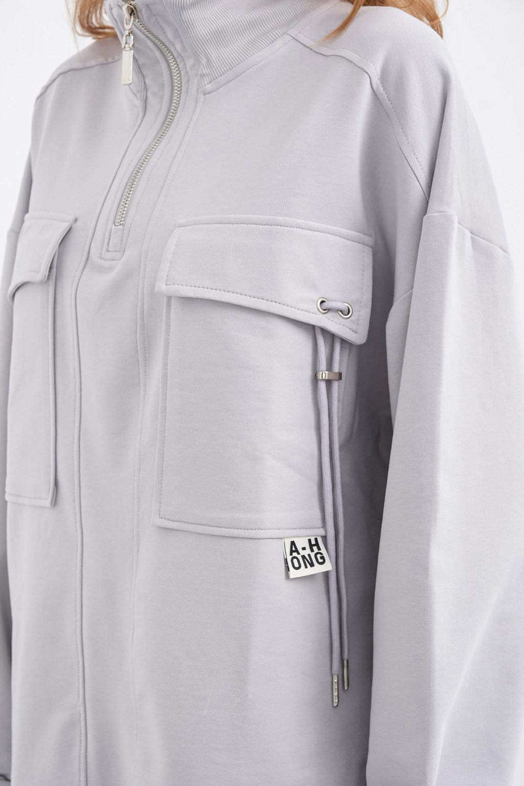 Boyalı Gri Kadın Dik Yaka Yarım Fermuarlı Cep Detaylı Bol Paça Örme Alt-Üst Takım