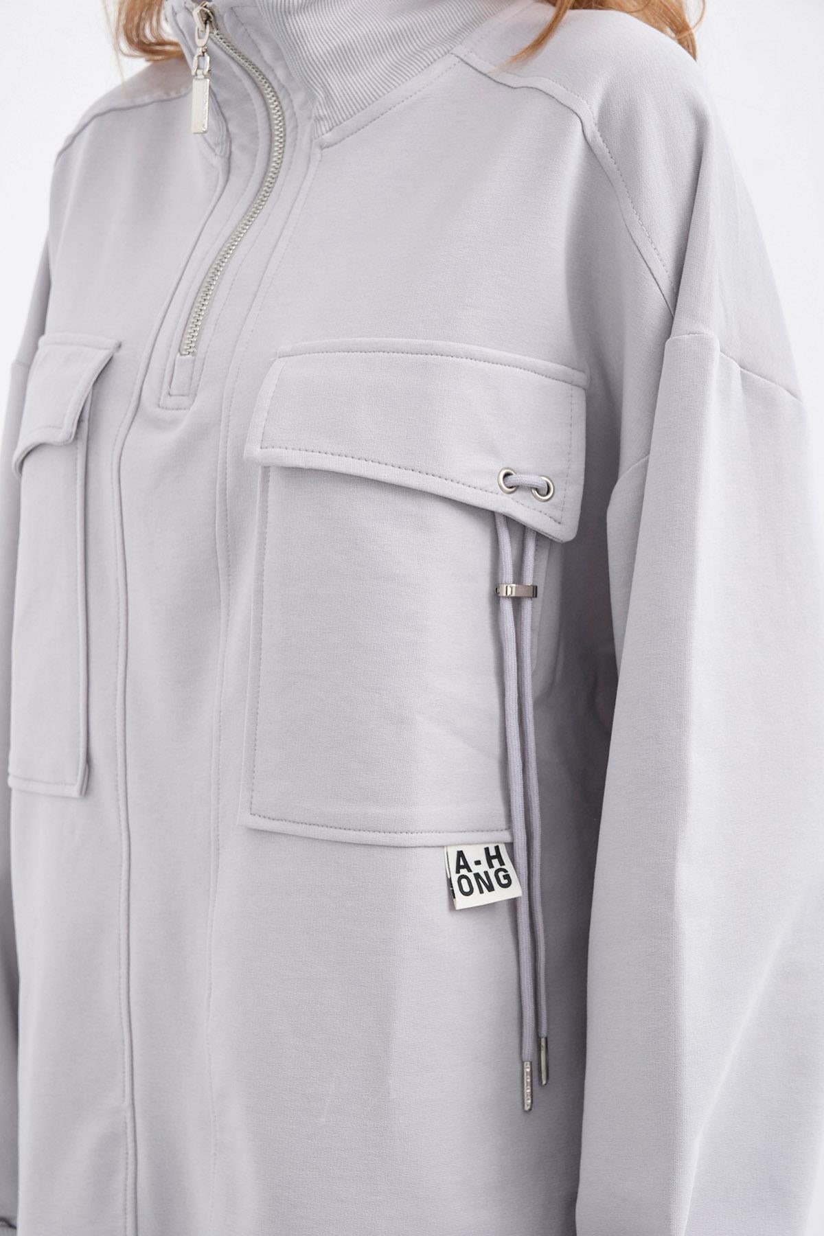 Boyalı Gri Kadın Dik Yaka Yarım Fermuarlı Cep Detaylı Bol Paça Örme Alt-Üst Takım