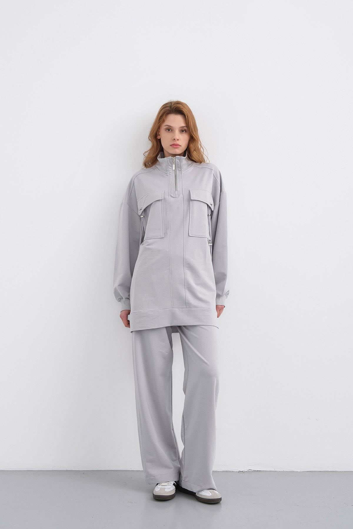 Boyalı Gri Kadın Dik Yaka Yarım Fermuarlı Cep Detaylı Bol Paça Örme Alt-Üst Takım