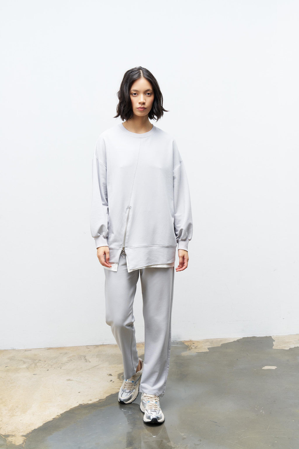 Boyalı Gri Kadın Eteği Süprem Fermuar Detaylı Bel Lastikli Pamuklu Örme Alt Üst Takım