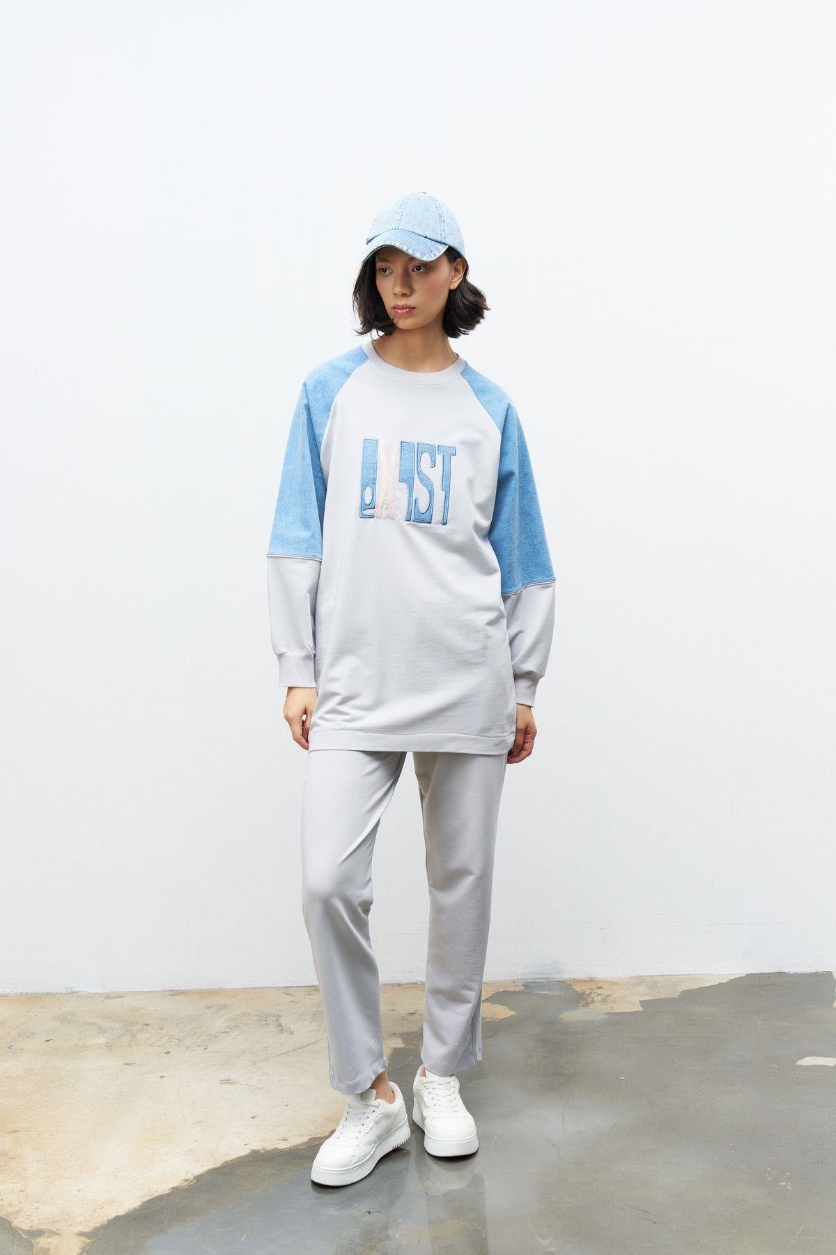 Boyalı Gri Kadın Exist Nakış Üzeri Taşlı  Kol Denim Detaylı Dar Paça Pamuklu Örme Alt Üst Takım