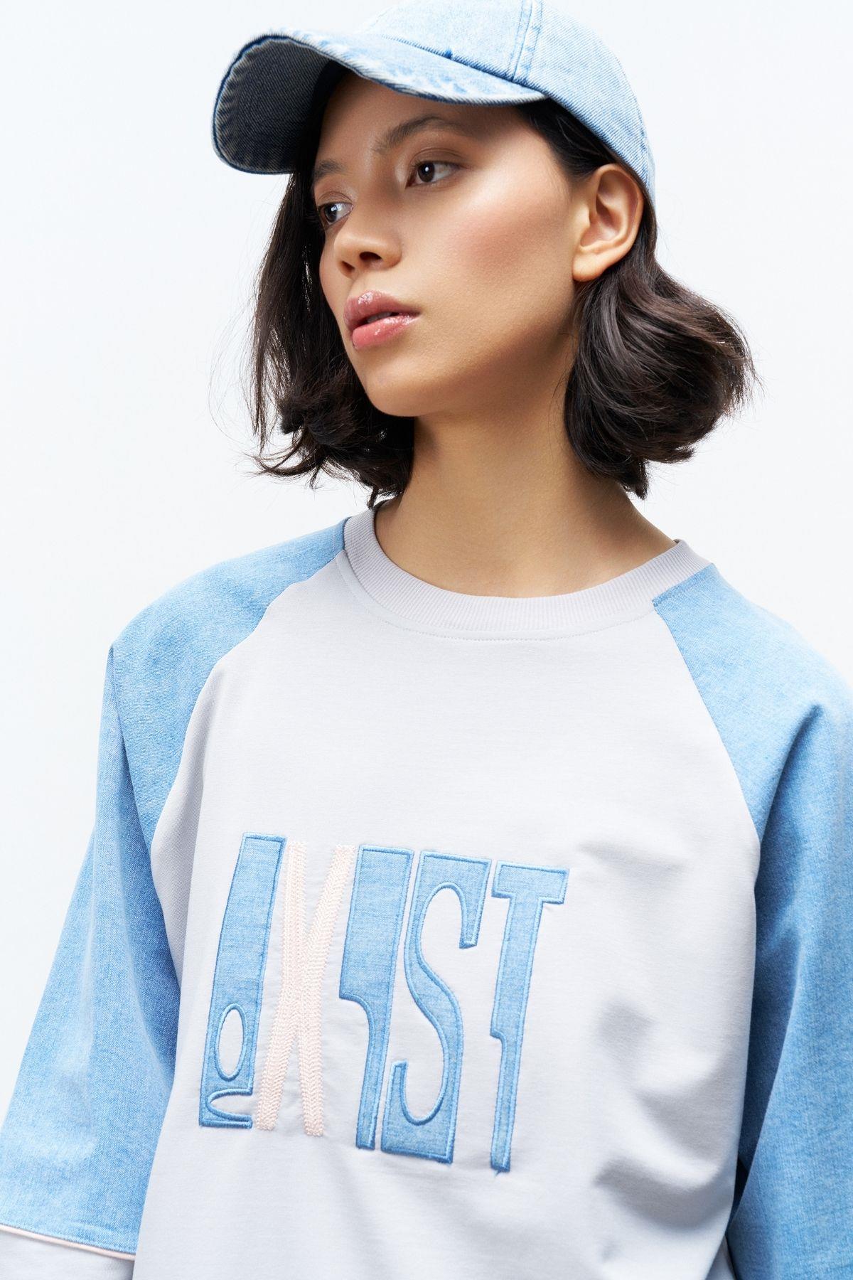 Boyalı Gri Kadın Exist Nakış Üzeri Taşlı  Kol Denim Detaylı Dar Paça Pamuklu Örme Alt Üst Takım