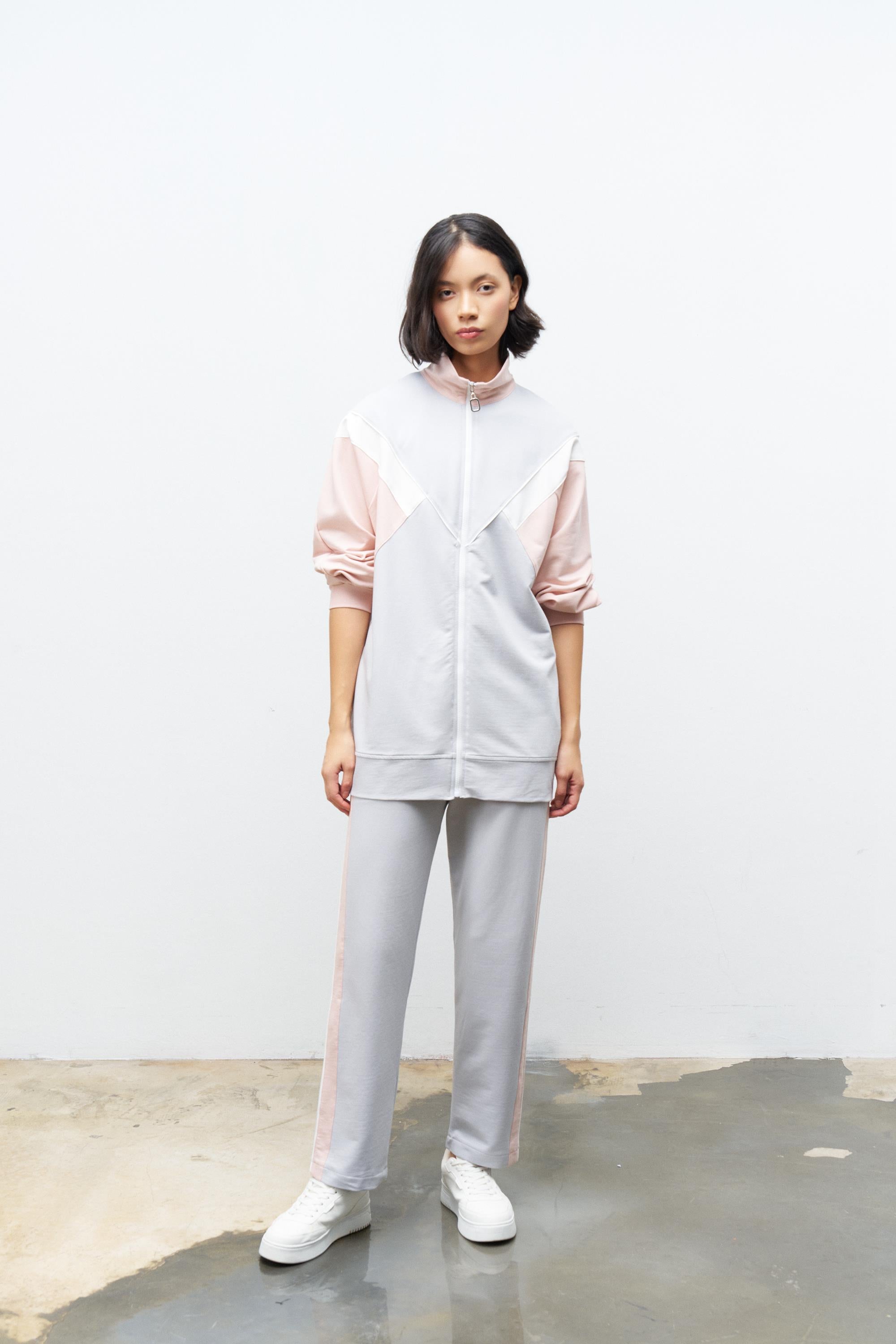 Boyalı Gri Kadın Fermuar Kapamalı  Bisiklet Yaka Renk Garnili Üst Ve Lastikli Pantolon Örme Alt Üst Takım