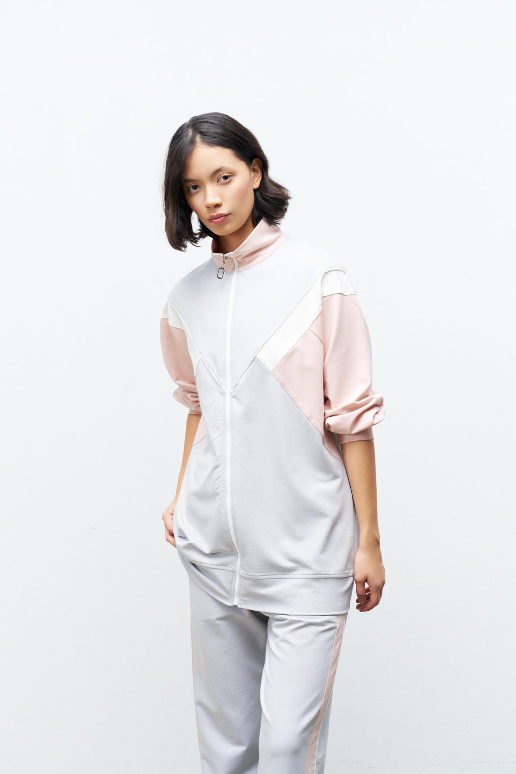 Boyalı Gri Kadın Fermuar Kapamalı  Bisiklet Yaka Renk Garnili Üst Ve Lastikli Pantolon Örme Alt Üst Takım