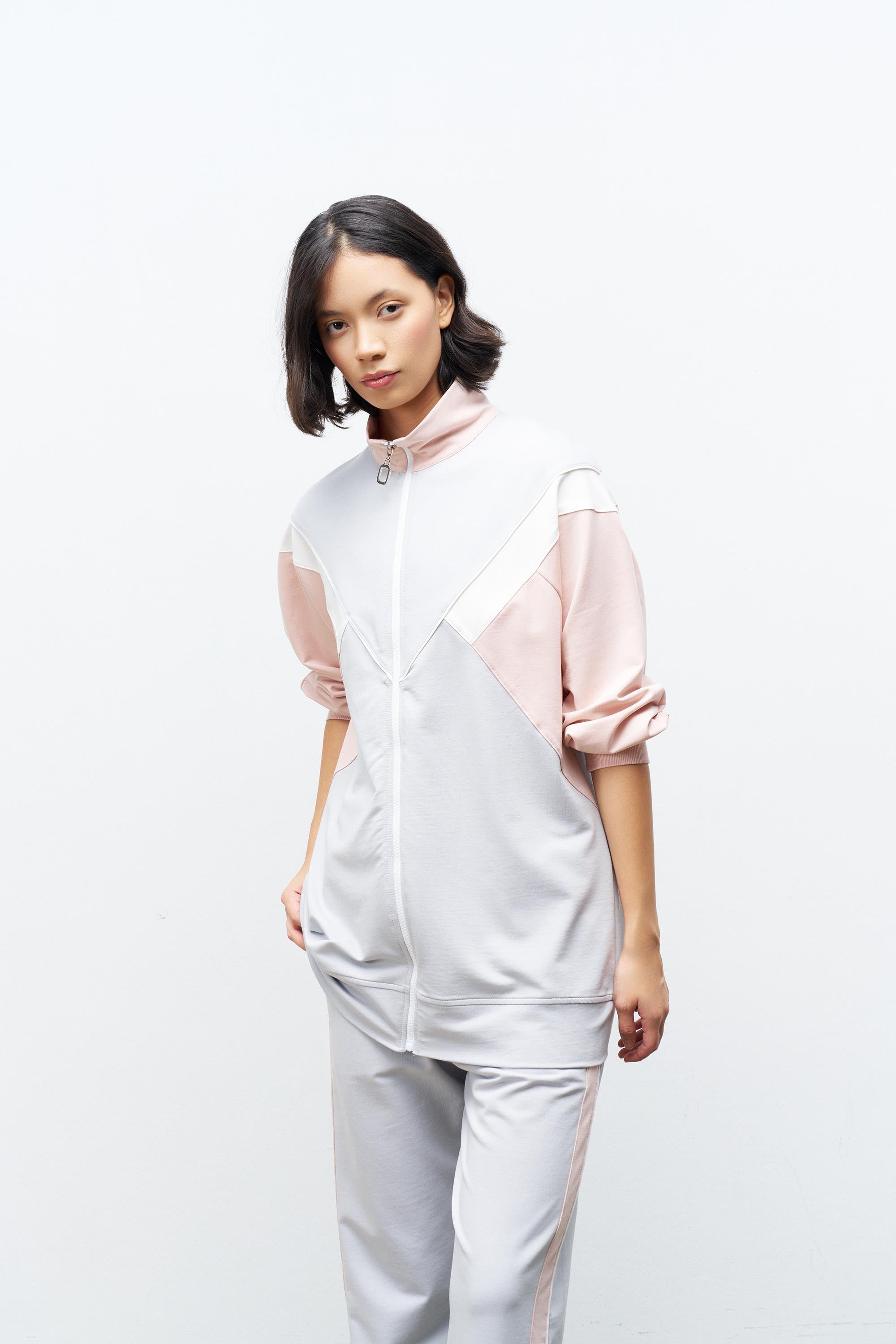 Boyalı Gri Kadın Fermuar Kapamalı  Bisiklet Yaka Renk Garnili Üst Ve Lastikli Pantolon Örme Alt Üst Takım