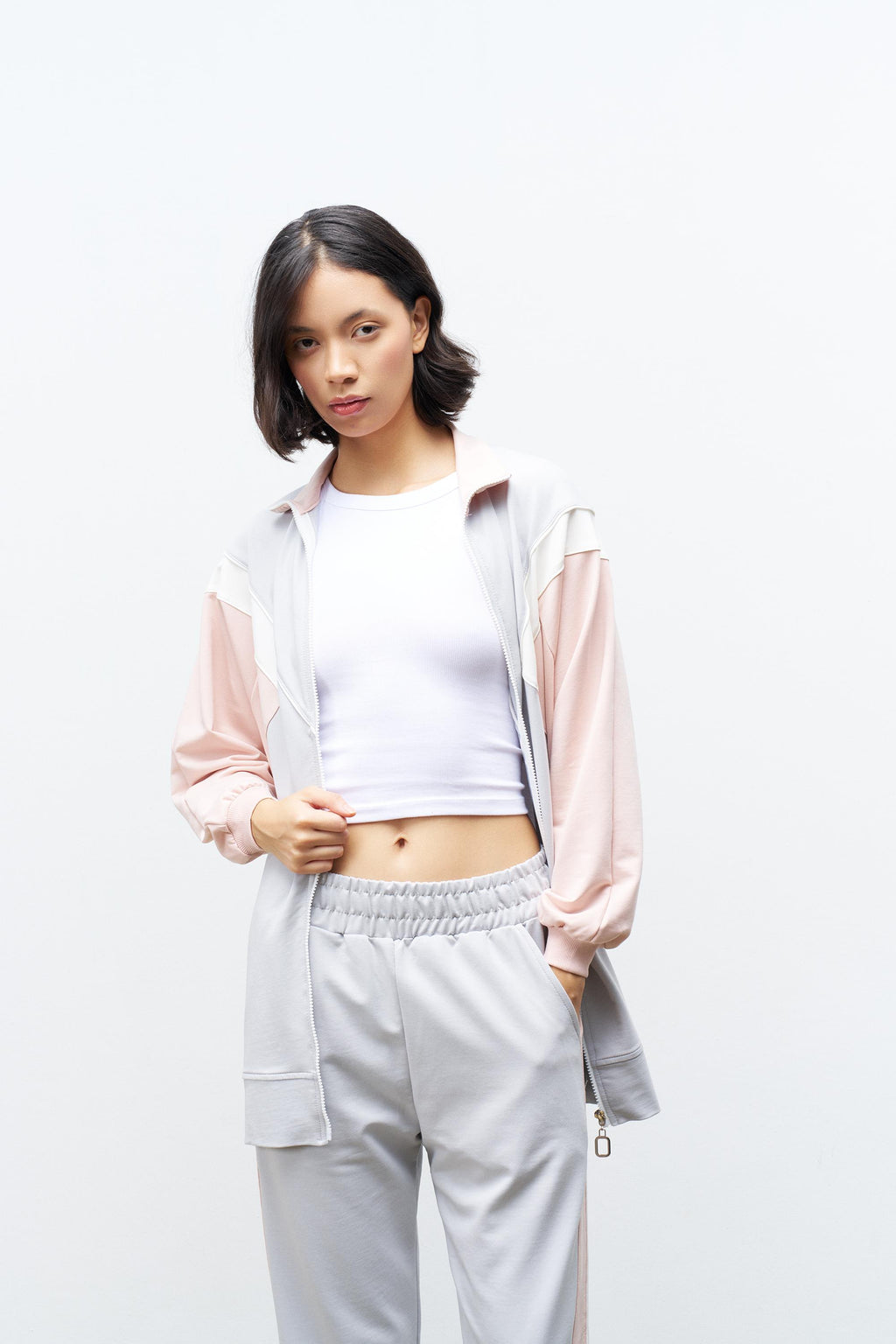 Boyalı Gri Kadın Fermuar Kapamalı  Bisiklet Yaka Renk Garnili Üst Ve Lastikli Pantolon Örme Alt Üst Takım