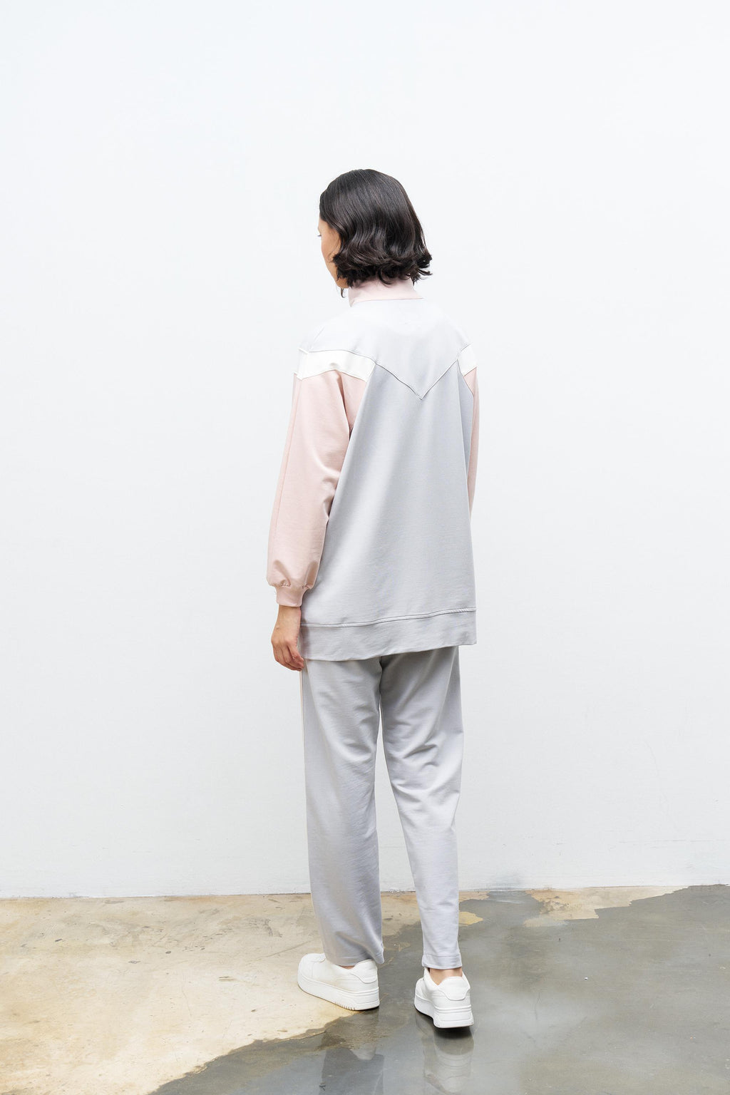 Boyalı Gri Kadın Fermuar Kapamalı  Bisiklet Yaka Renk Garnili Üst Ve Lastikli Pantolon Örme Alt Üst Takım