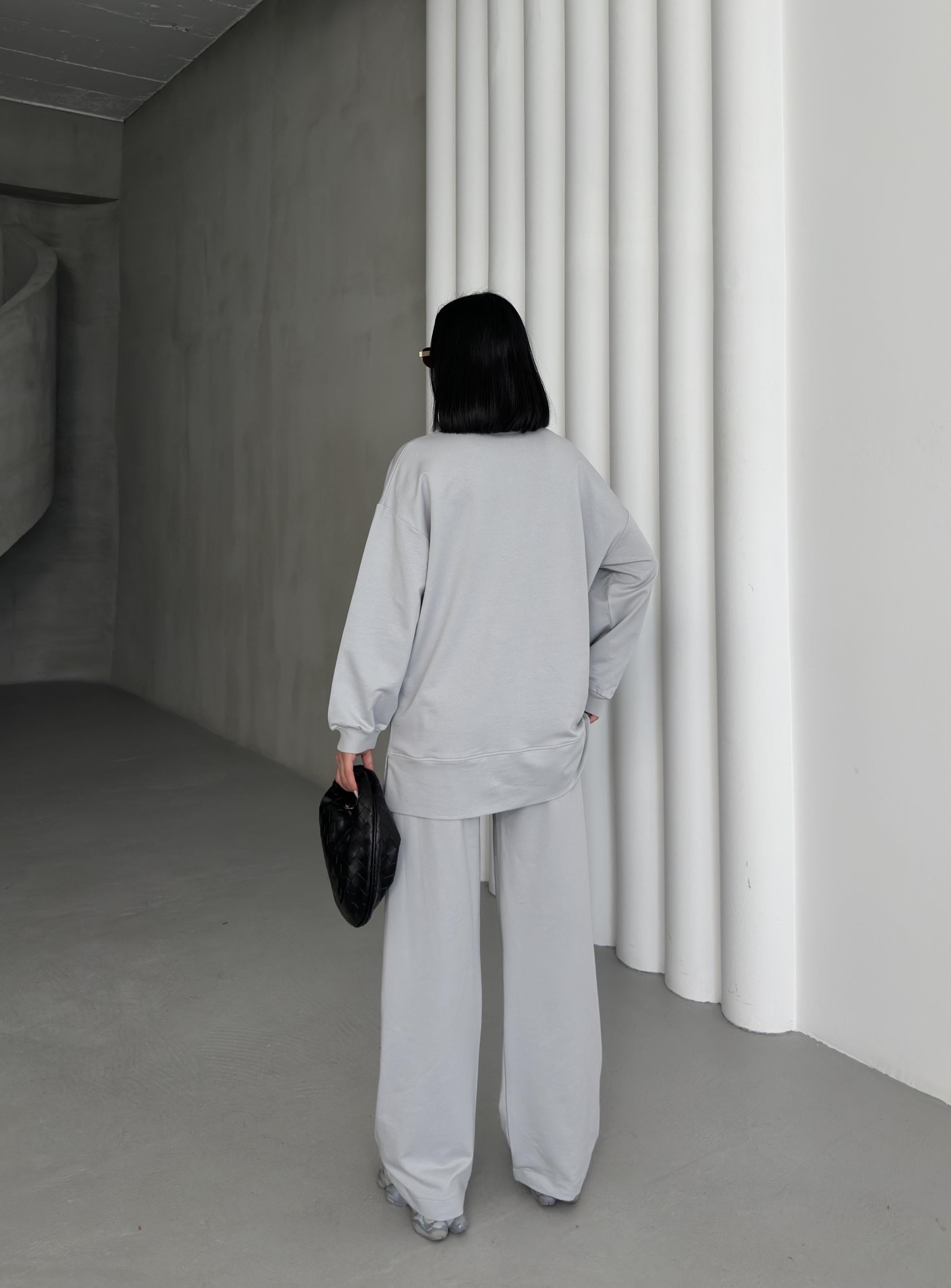 Boyalı Gri Kadın Oversize Yarım Fermuar Kapamalı Cep Üzeri Taşlı Bol Paça Pamuklu Örme Alt Üst Takım