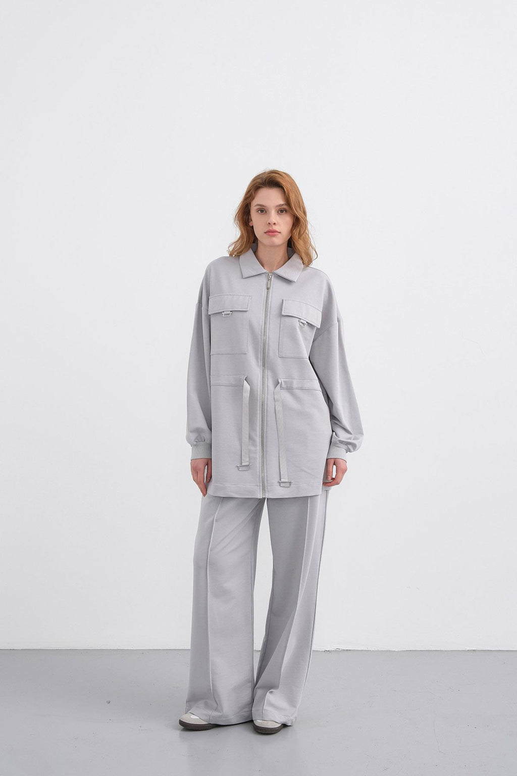 Boyalı Gri Kadın Polo Yaka Cep Detaylı Fermuarlı Bol Paça Nervürlü Örme Alt-Üst Takım