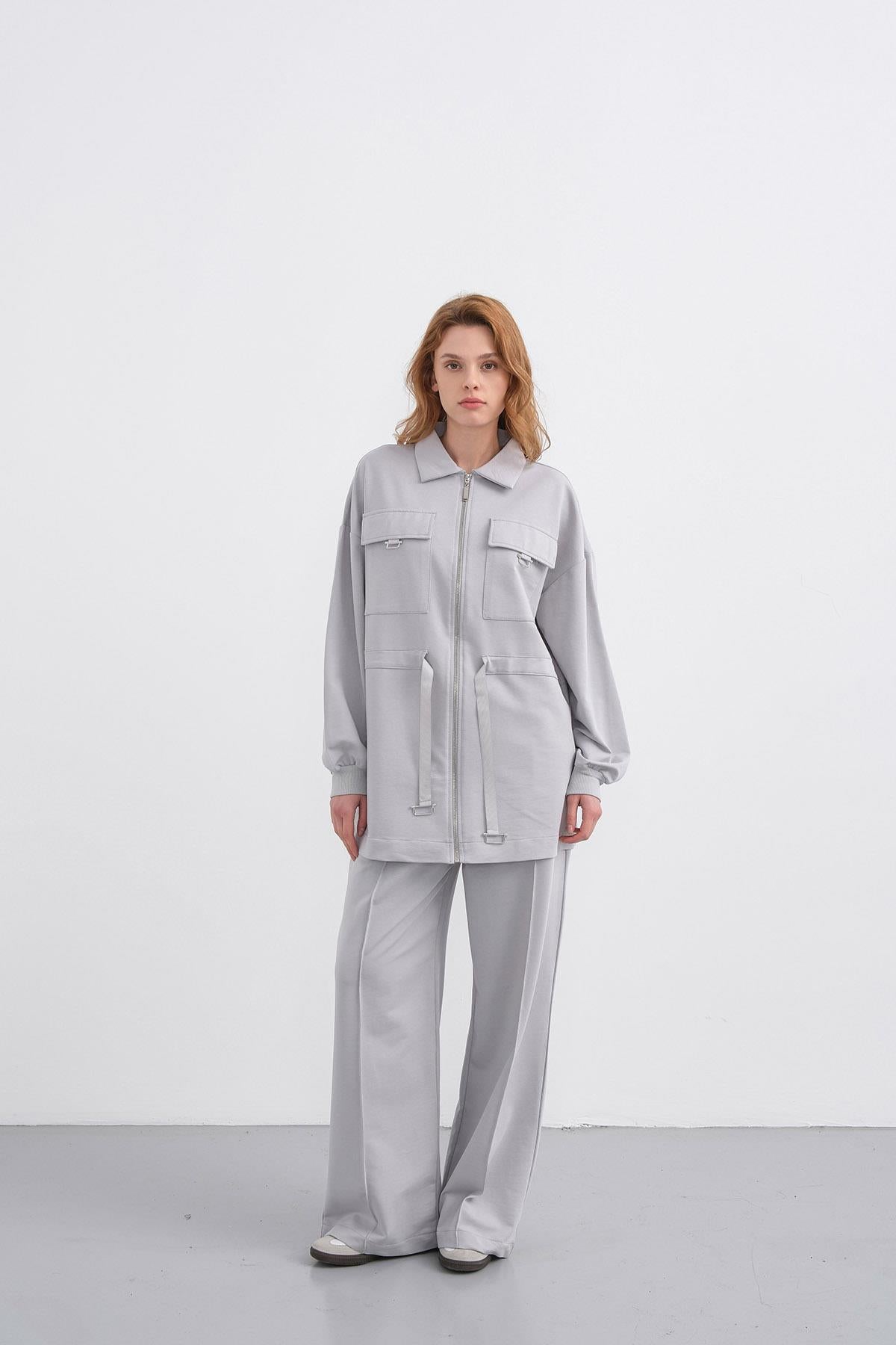 Boyalı Gri Kadın Polo Yaka Cep Detaylı Fermuarlı Bol Paça Nervürlü Örme Alt-Üst Takım