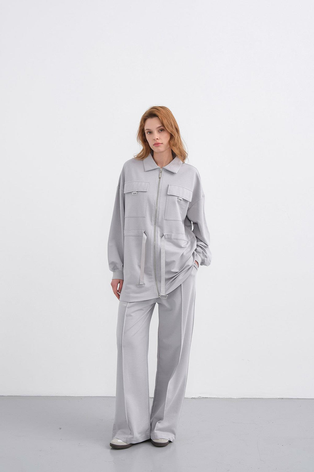 Boyalı Gri Kadın Polo Yaka Cep Detaylı Fermuarlı Bol Paça Nervürlü Örme Alt-Üst Takım