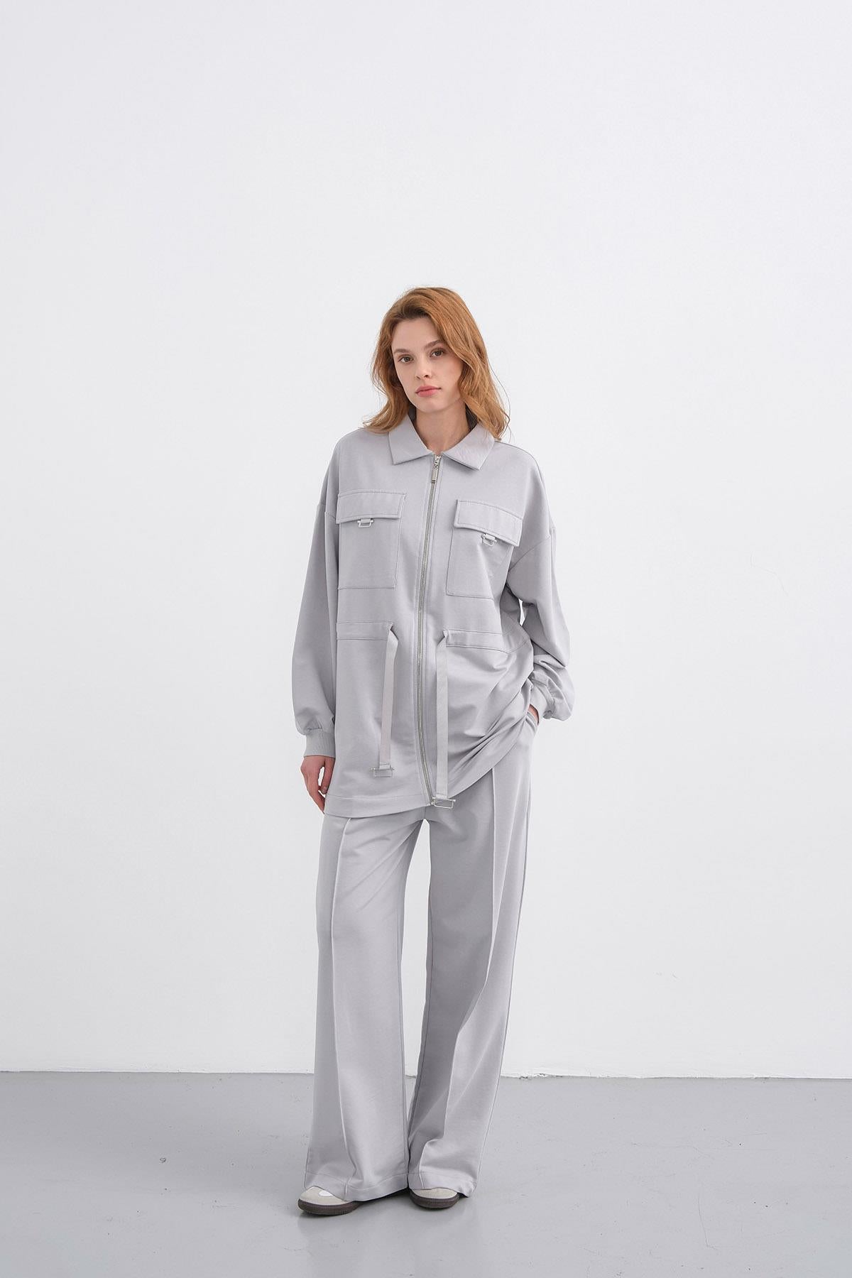 Boyalı Gri Kadın Polo Yaka Cep Detaylı Fermuarlı Bol Paça Nervürlü Örme Alt-Üst Takım