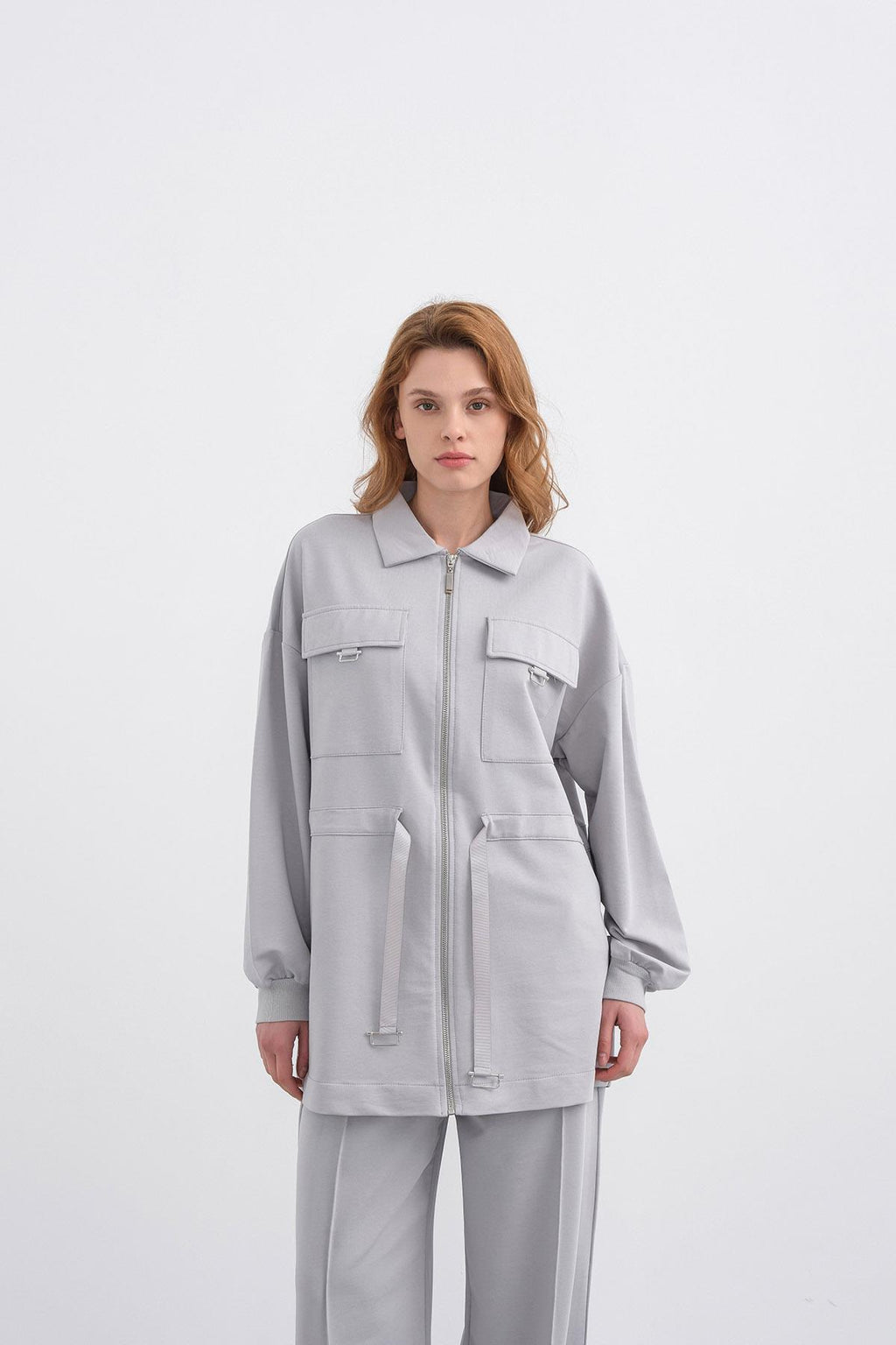 Boyalı Gri Kadın Polo Yaka Cep Detaylı Fermuarlı Bol Paça Nervürlü Örme Alt-Üst Takım