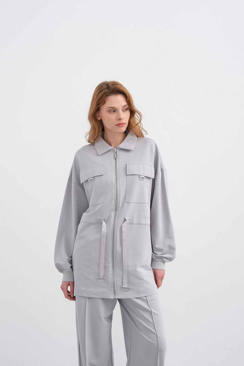 Boyalı Gri Kadın Polo Yaka Cep Detaylı Fermuarlı Bol Paça Nervürlü Örme Alt-Üst Takım