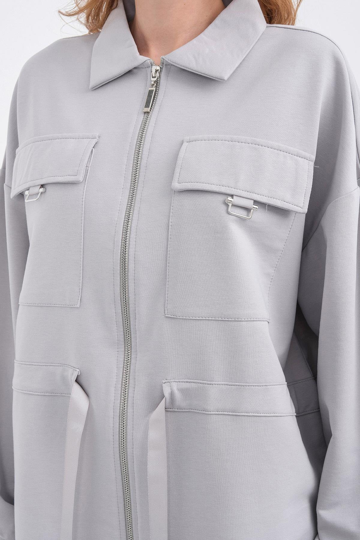 Boyalı Gri Kadın Polo Yaka Cep Detaylı Fermuarlı Bol Paça Nervürlü Örme Alt-Üst Takım