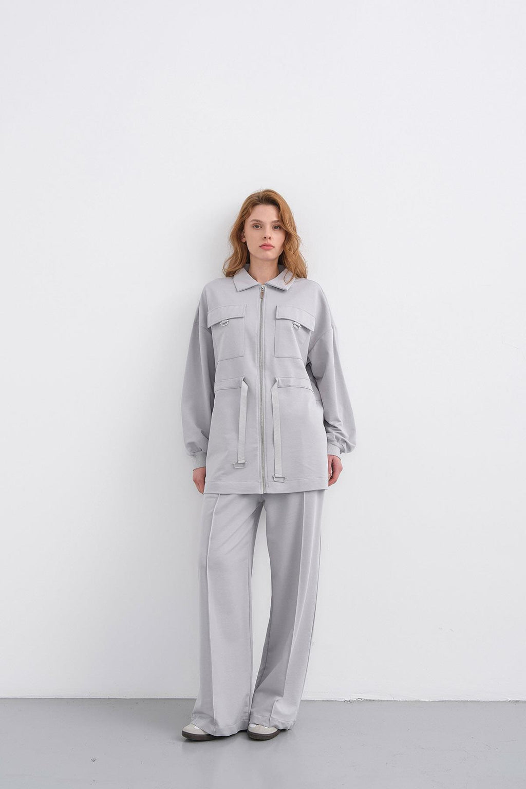 Boyalı Gri Kadın Polo Yaka Cep Detaylı Fermuarlı Bol Paça Nervürlü Örme Alt-Üst Takım
