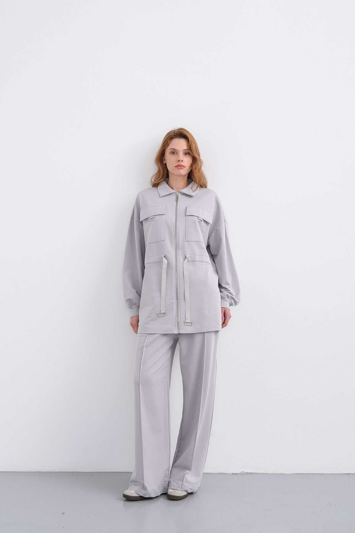 Boyalı Gri Kadın Polo Yaka Cep Detaylı Fermuarlı Bol Paça Nervürlü Örme Alt-Üst Takım