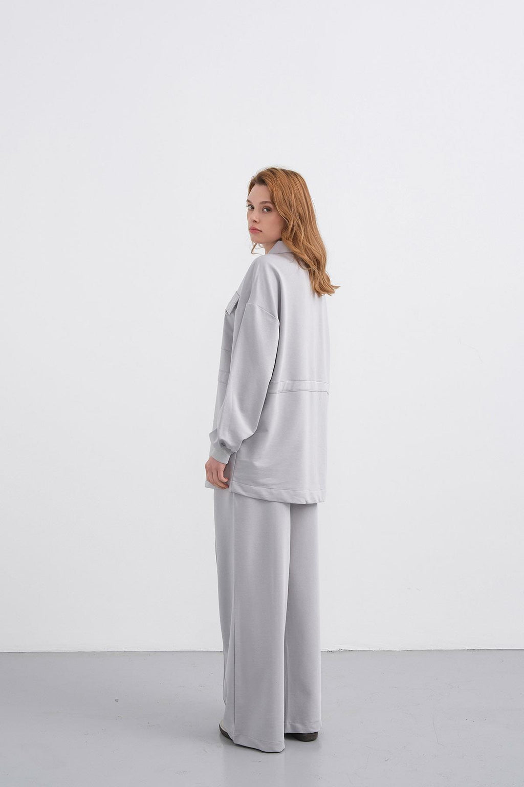 Boyalı Gri Kadın Polo Yaka Cep Detaylı Fermuarlı Bol Paça Nervürlü Örme Alt-Üst Takım