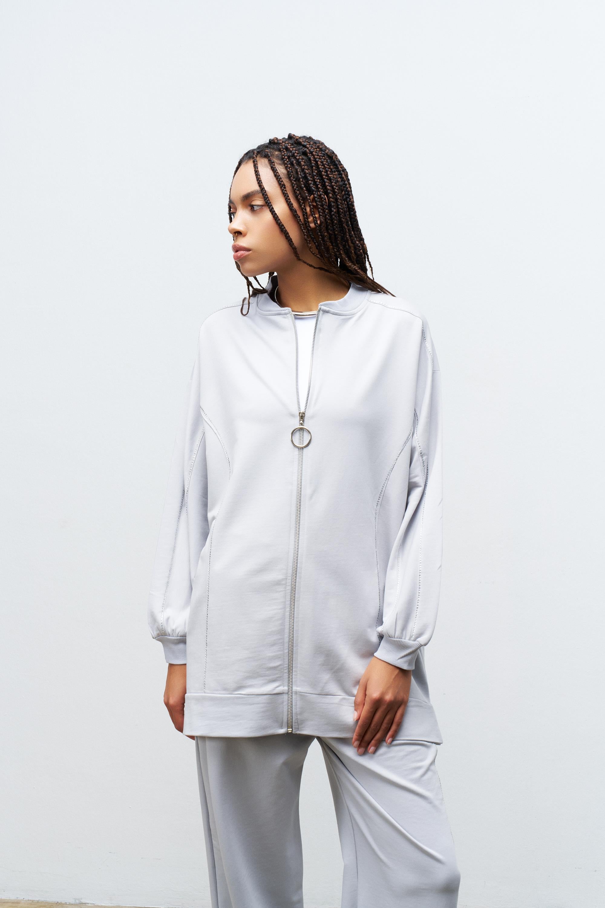 Boyalı Gri Kadın Taş Detaylı Fermuarlı Pamuklu Örme Alt Üst Takım